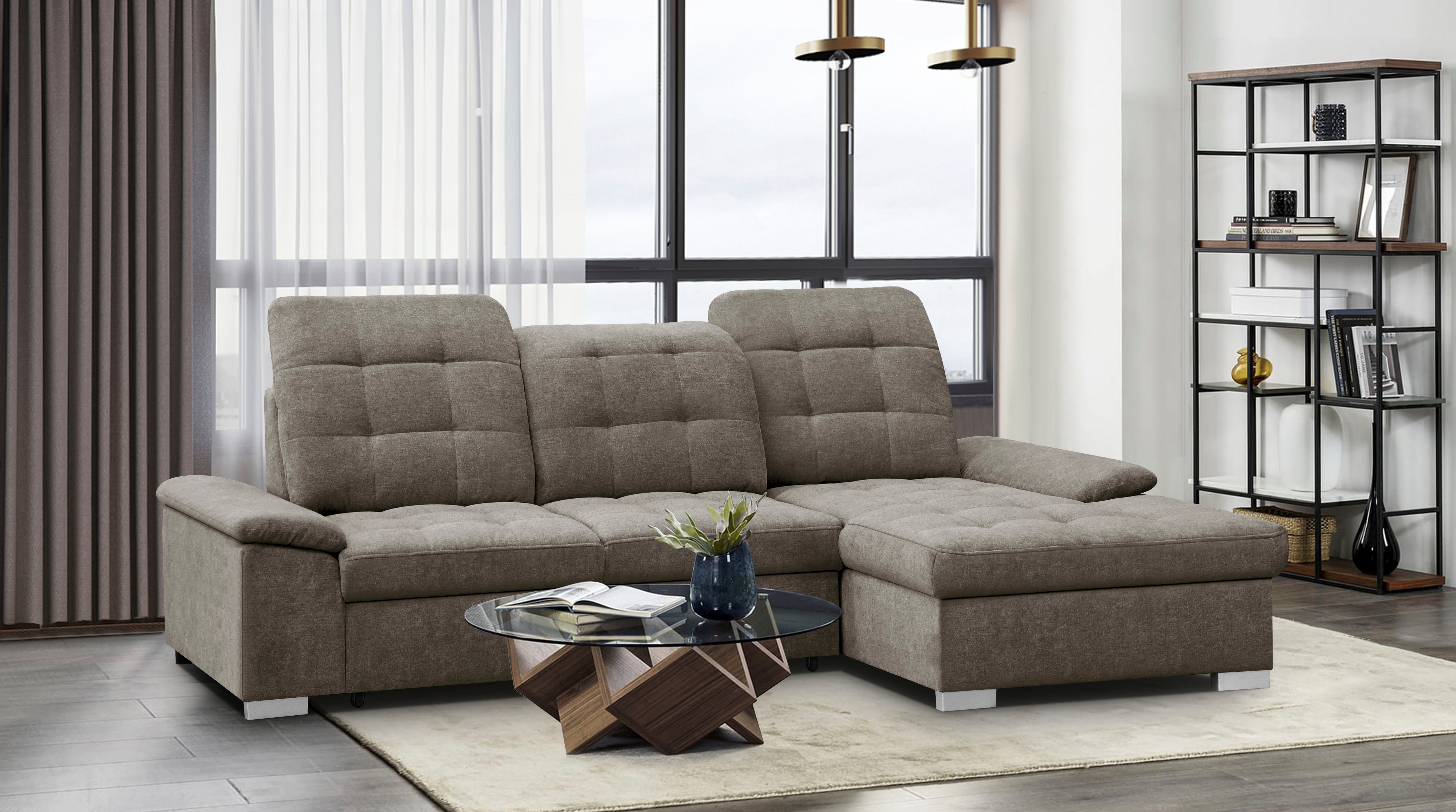 WERK2 Ecksofa Carmen 264 cm breit L-Form Sofa Schlaffunktion Kopfstützen verstellbar, Schlafcouch mit Bettkasten, Eckcouch wahlw. mit Sitztiefenverstellung