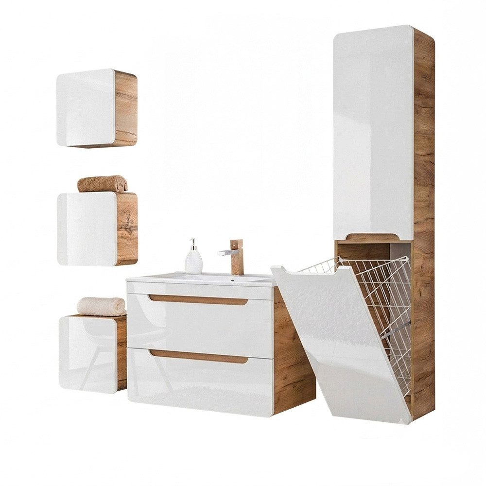 Lomadox Badmöbel-Set LUTON-56, (Spar-Set, 5-St., Hängeschränke Hochschrank Waschbeckenschrank), Hochglanz weiß mit Wotan Eiche, Waschtisch 80 cm