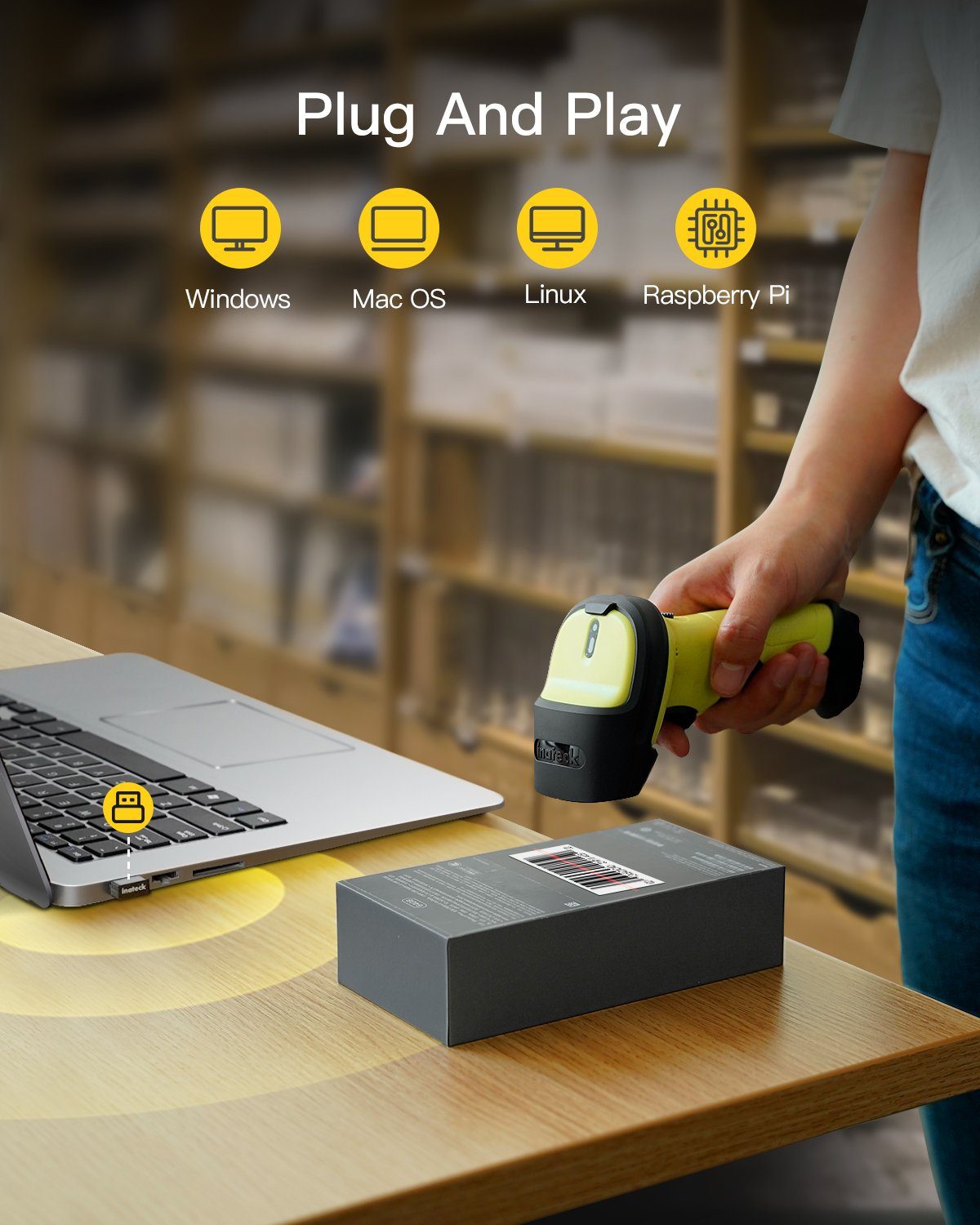 Inateck 1D Barcode Scanner Wireless 2.4 GHz, 35 m Reichweite Handscanner