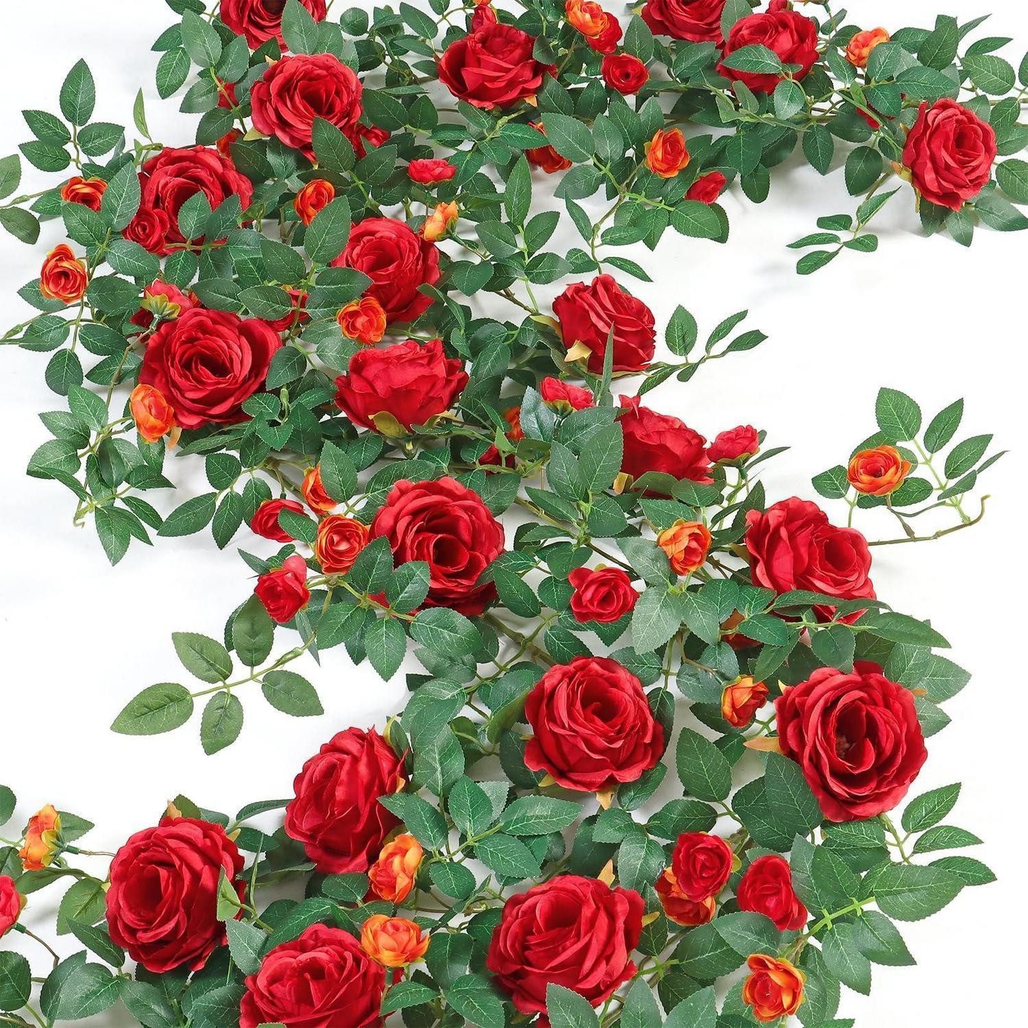 Kunstgirlande 2x Künstliche Blumengirlande Rosen Rot 180cm, LuxusKollektion, Höhe 20 cm