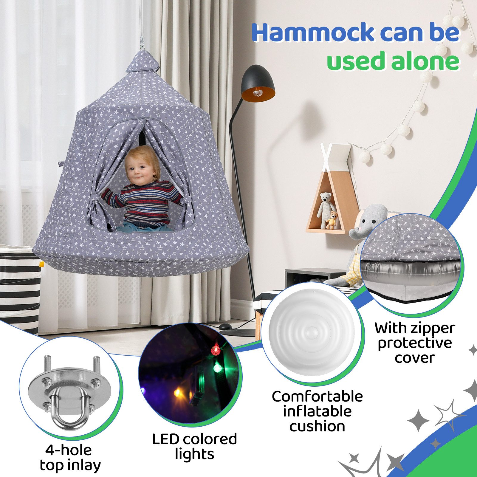 TLGREEN Hängehöhle Hängesessel kinder mit Gestell Outdoor&Indoor (Hängematte int LED-Leuchten, hängezelt kinder), höhenverstellbar,Camping Hängezelt,Hänge Spiel – Bild 4 von 5