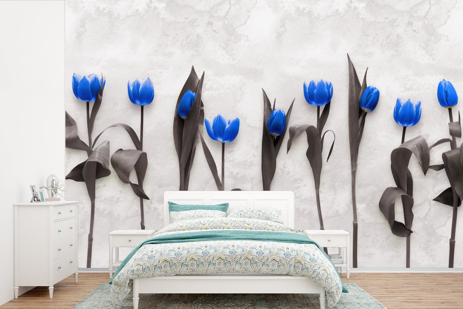 MuchoWow Fototapete Blumen - Tulpen - Blau, Matt, bedruckt, (6 St), Wallpaper für Wohnzimmer, Schlafzimmer, Kinderzimmer, Vinyl Tapete