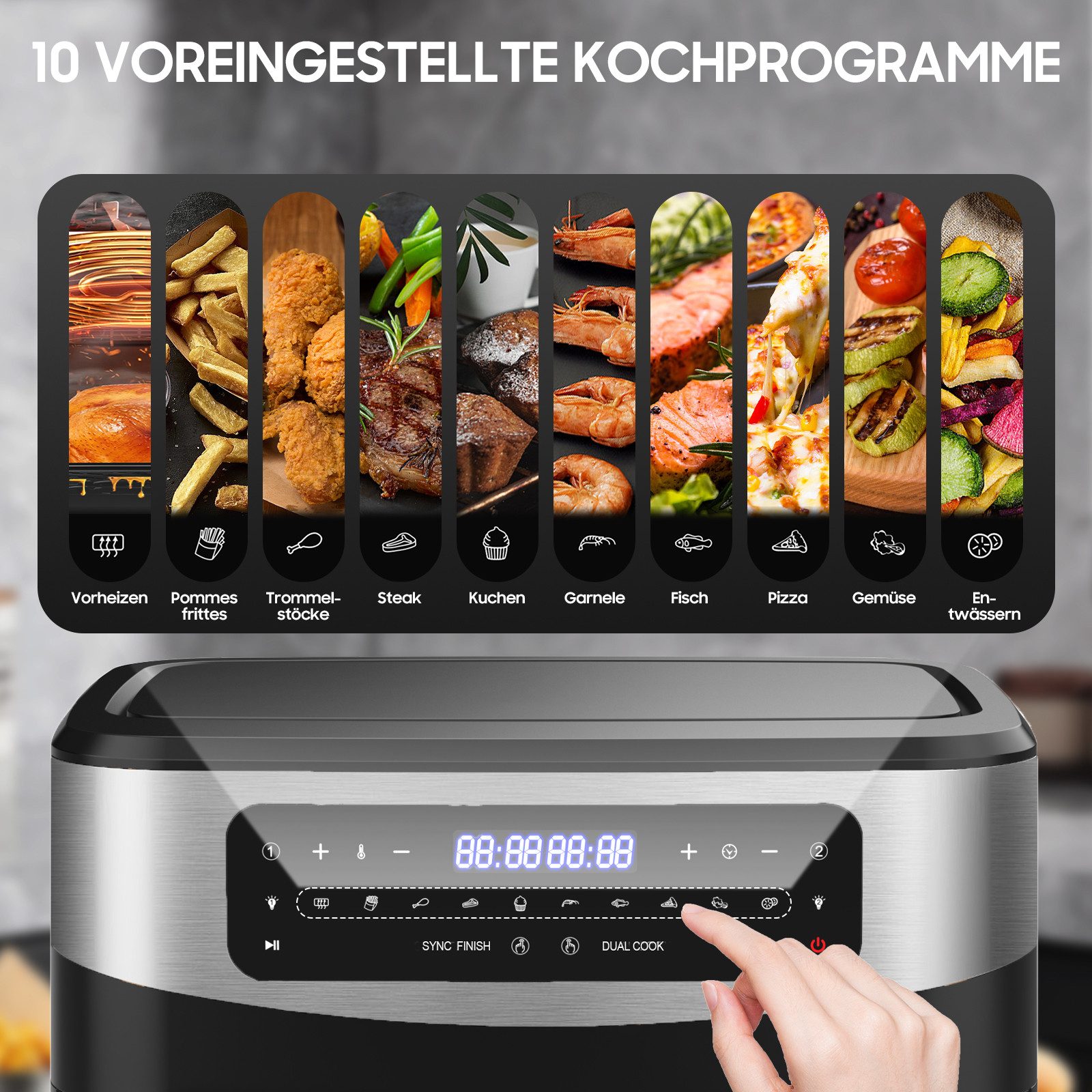 AIMAX Heißluftfritteuse XXL 12L, Airfryer 2×5,5L Dual-Kammern mit Sync-Finish, LED-Touch, 2200 W, 10-in-1, Sichtfenster, Touch-Bedienung, gesund & fettarm, Indoor-BBQ