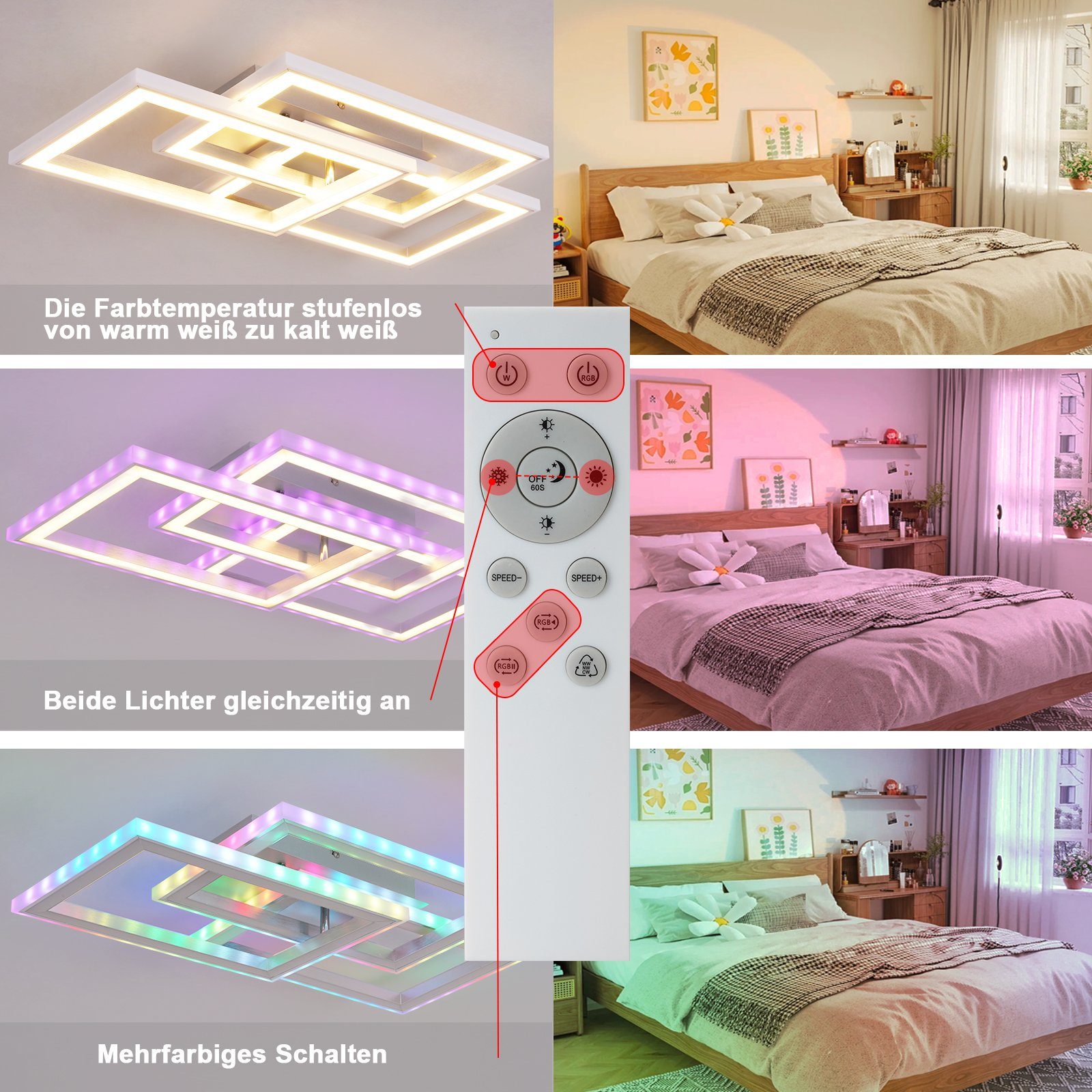 LED ZMH Dimmbar fest 45w Deckenleuchte LED Schlafzimmer Fernbedienung, integriert, RGB 3000-6000K, Deckenlampe