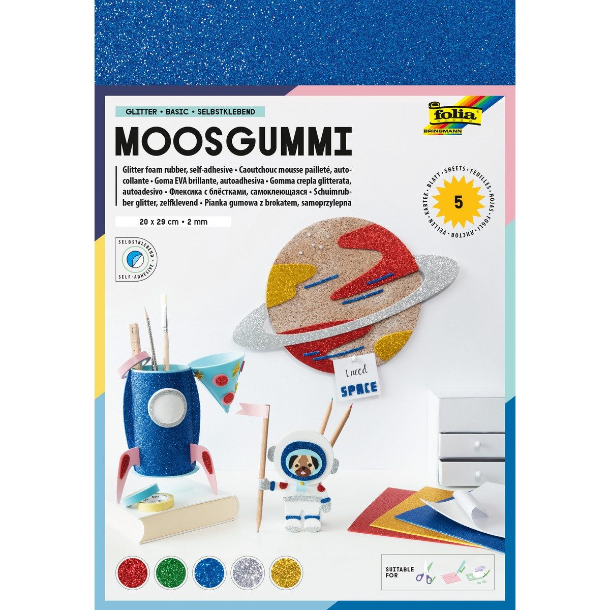 Folia Max Bringmann KG Moosgummi folia Moosgummi Glitter selbstklebend mehrfarbig 20x29cm 5 Blatt