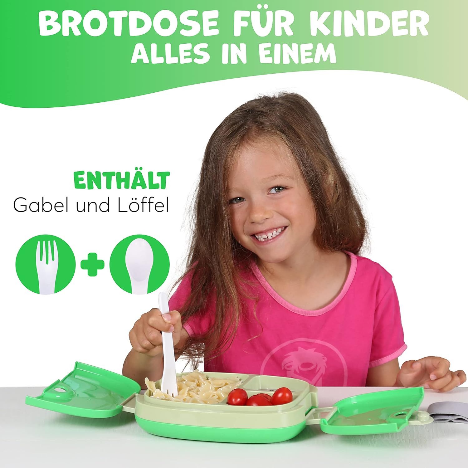 UMAMI Lunchbox Kids - mit Besteck, auslaufsicher, langlebig, Bento-Stil, (Kita-Jungen und Mädchen,BPA-frei, mikrowellen- und spülmaschinenfest), 3 große Fächer,ideale Portionsgrößen für 3 bis 9 Jahre