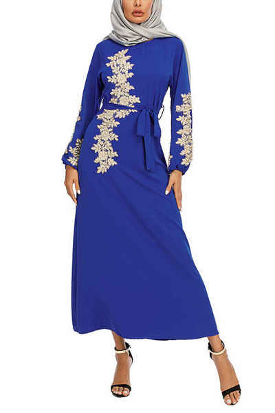 B.X Maxirock Damen A-Linie Rundhalsausschnitt Stickerei Langarm Kleid Modisches elegantes und gediegenes besticktes langes Kleid
