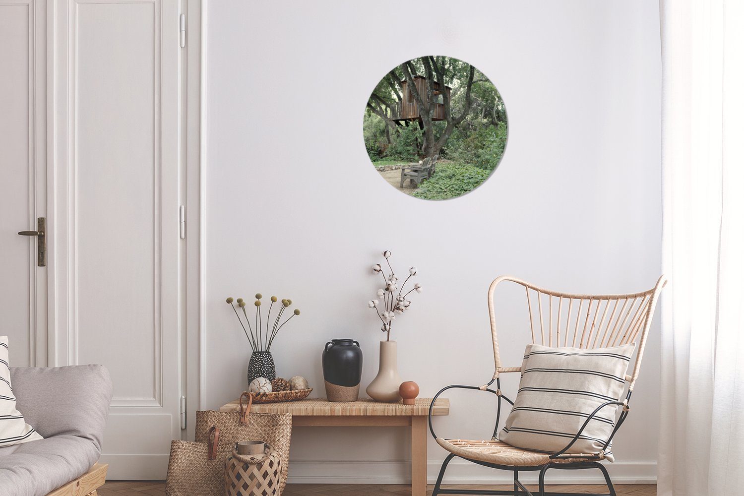 MuchoWow Gemälde Baumhaus Umgebung, Rundes natürlicher cm Wandbild, Wohnzimmer, (1 St), Kreis 30x30 Wanddekoration Forex, in