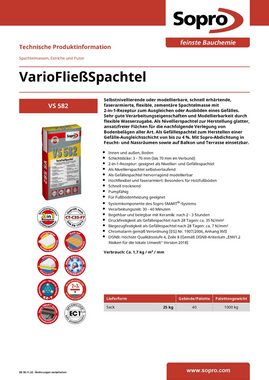Ausgleichsmasse Sopro Bauchemie GmbH Sopro VarioFließSpachtel VS 582 Bodenausgleichsmasse 25 kg 25,00 selbstnivellierend, modellierbar, faserarmiert, flexibel, zementär