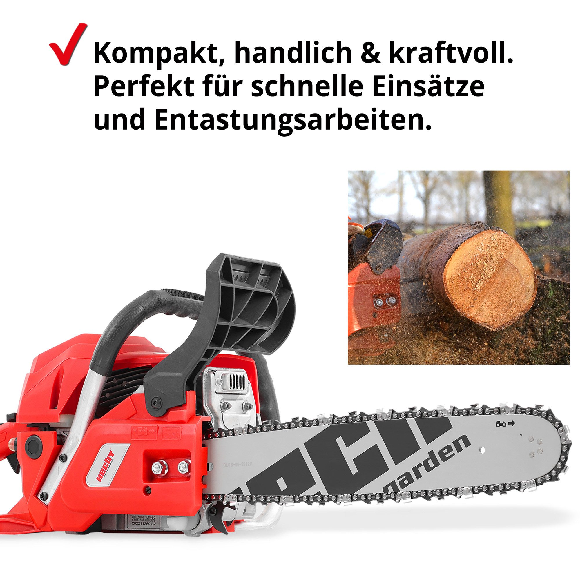 Hecht Benzin-Kettensäge 56 mit verstellbarer Kettenölung, 45 cm Schwertlänge, 2,95 PS, 12.000 U/min, 56,5 cm³, 21,8 m/s