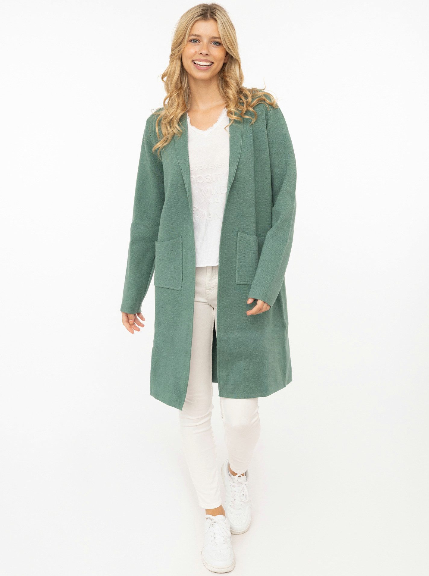 Zwillingsherz Cardigan "Jessi" mit Kragen, Langarm, aufgesetzte Taschen, ohne Verschluss, knielang