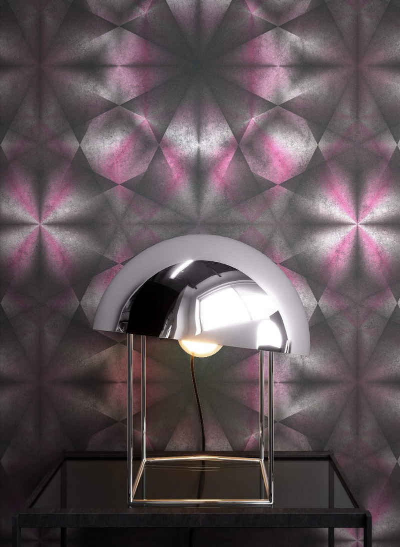 Newroom Vliestapete, Pink Tapete Grafisch Geometrisch - Retrotapete Grau Anthrazit Retro Modern Muster 3D Optik für Wohnzimmer Schlafzimmer Flur