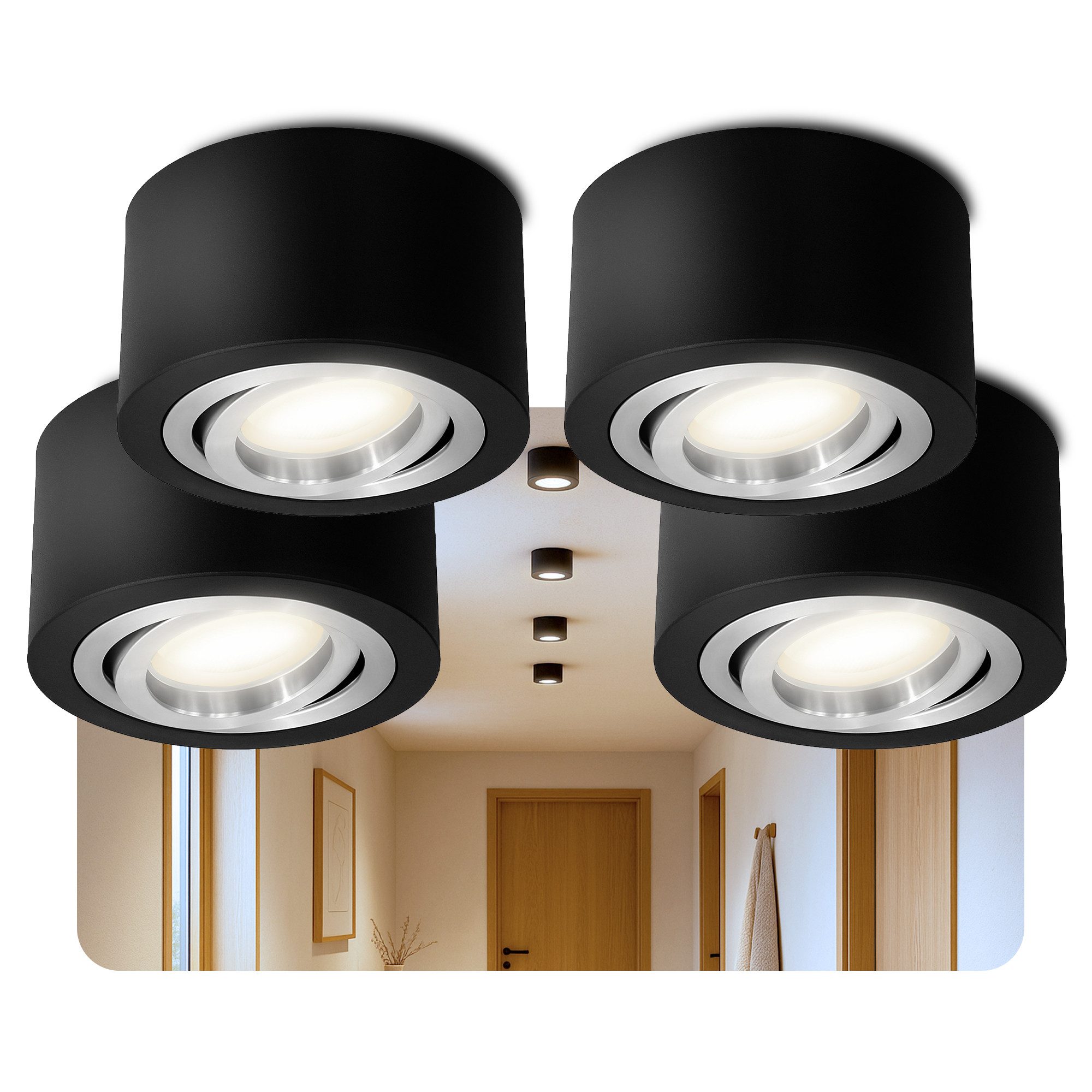 SSC-LUXon LED Aufbaustrahler LANTI Deckenspot rund schwarz schwenkbar mit LED Lampe 4W neutralweiß, Neutralweiß