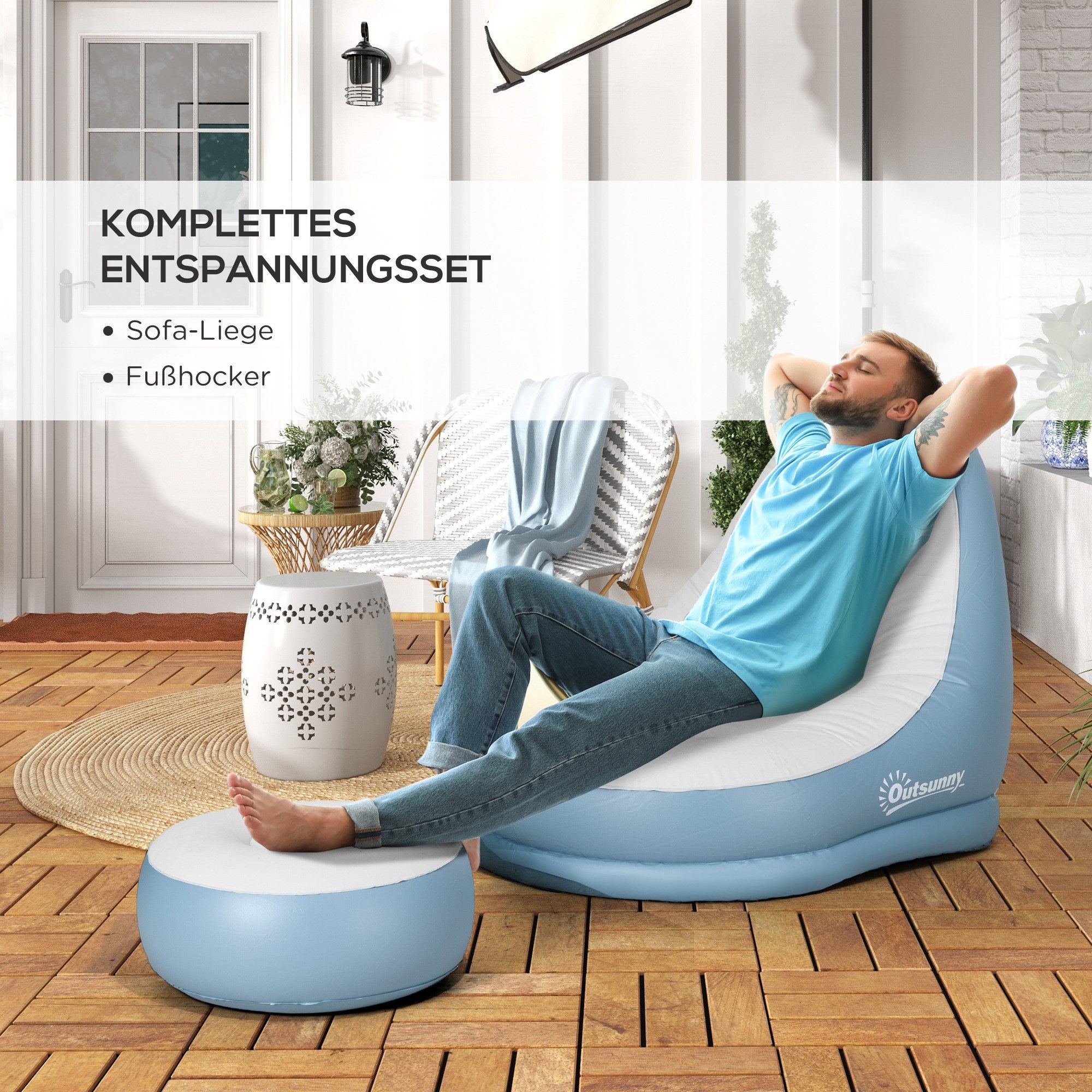 Outsunny Luftsessel Aufblasbares Sofa mit Fußhocker und Becherhalter, (Aufblasbarer Sessel, 2-tlg., Luftsofa), für Camping, Zuhause, Weiß+Blau, 125 x 100 x 87 c – Bild 4 von 5
