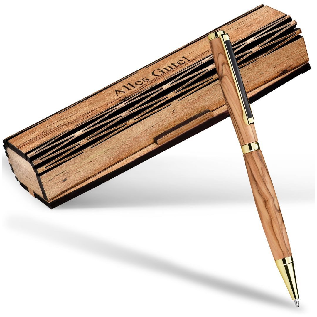 Kassis Geschenkartikel Kugelschreiber Olivenholz Stift in eleganter Holzschachtel mit Gravur "Alles Gute!", Hergestellt in Bethlehem, zu Geburtstag, Vatertag, Abitur, Ruhestand