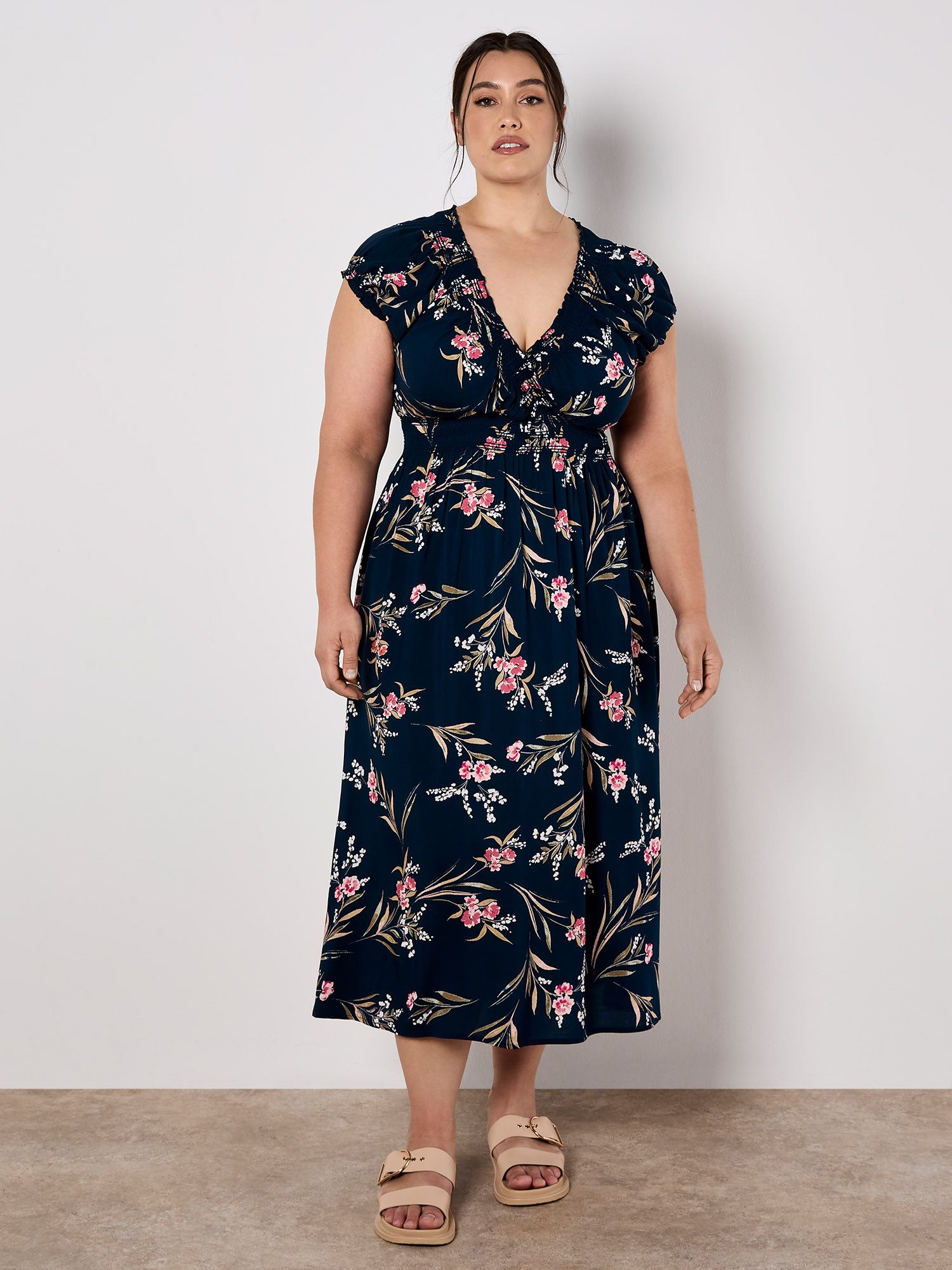 Apricot Druckkleid Florales Maxikleid mit gesmokter Taille – Bild 5 von 5