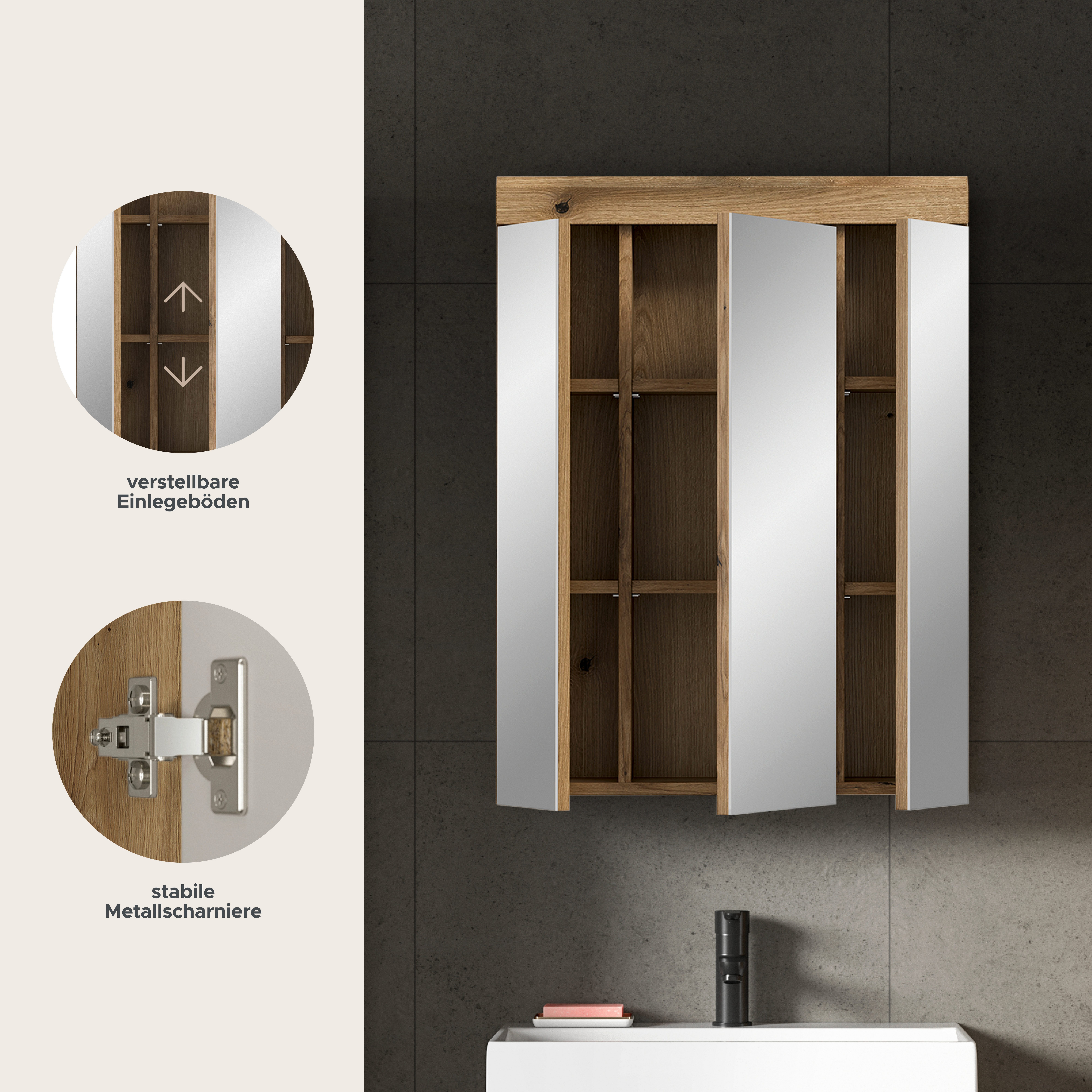 furnling Badezimmerspiegelschrank Scott 3 Türen, 9 Fächer, Spiegeltüren, Badmöbel, Badschrank, Spiegelschrank