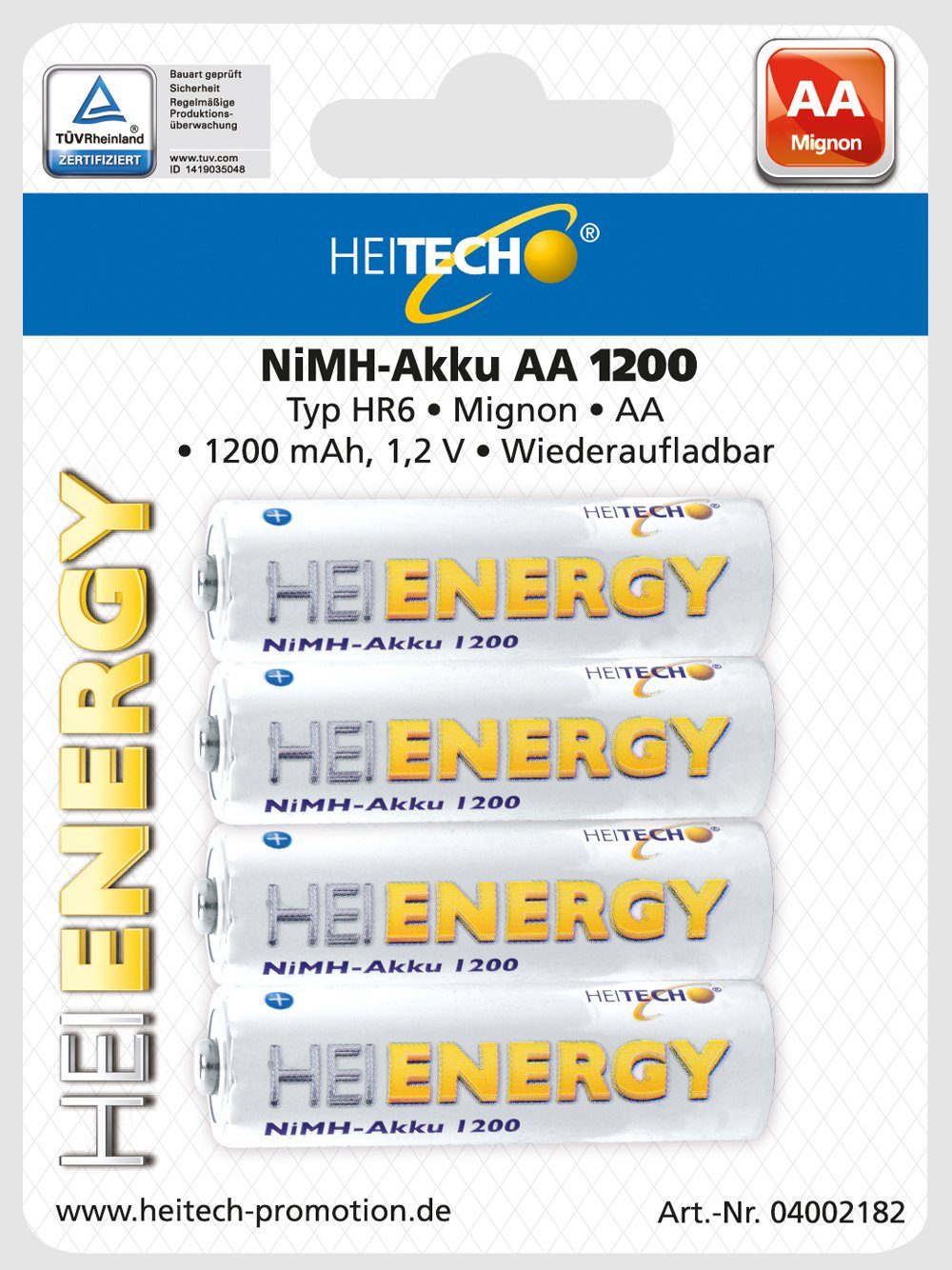 HEITECH 4er Pack NIMH-Akku, Mingnon/AA / HR06 1200 mAh Wiederaufladbar Batterie, (4 St)