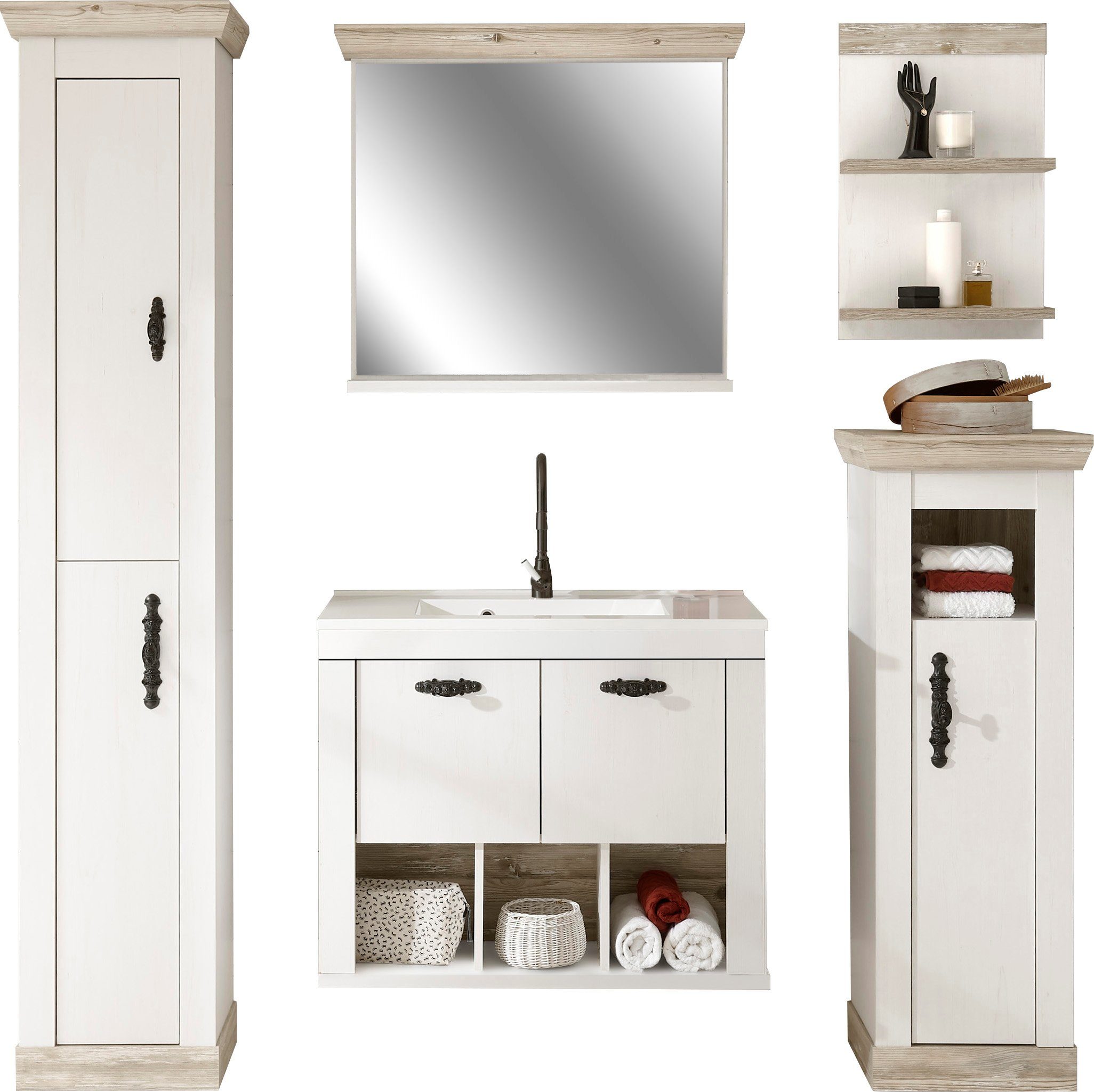 Badmöbel-Set Florenz, Bad im Landhausstil, 5-teiliges Badezimmer