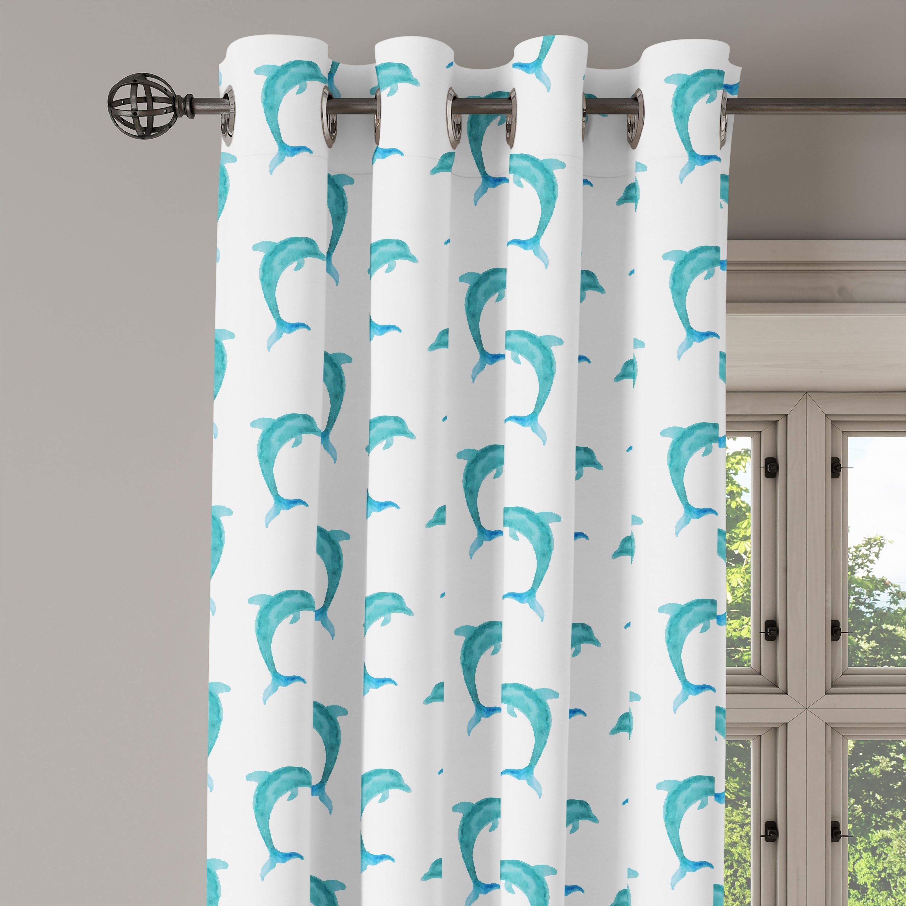 Gardine Dekorative 2-Panel-Fenstervorhänge Dolphin Säugetiere für Jumping Wasser Schlafzimmer Abakuhaus, Wohnzimmer