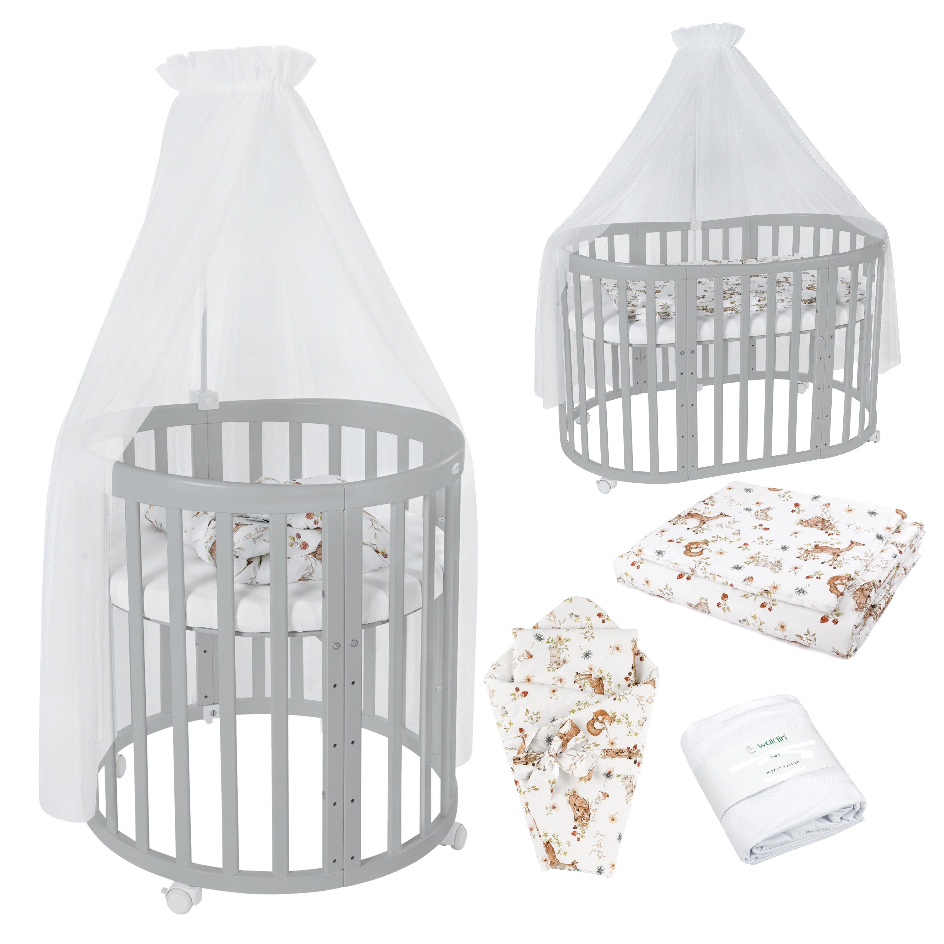 Waldin Babybett Mobiles Babybett OWAL aus Holz 7in1 mit Matratze, mitwachsend