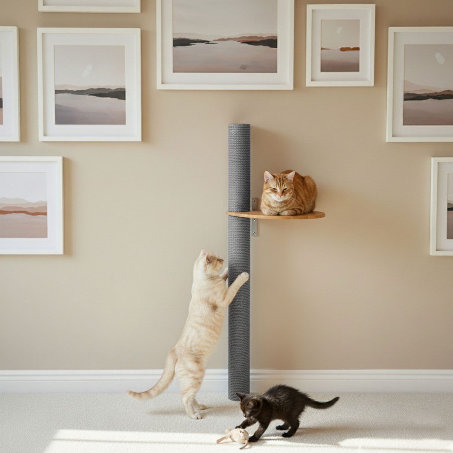 eyepower Kratzbaum zur Wandmontage - 96 cm Wandkratzbaum für Katzen mit 1 Bambus Plateau, Sisalstamm Wand - Katzenkratzbaum platzsparend - Kletterwand Katze