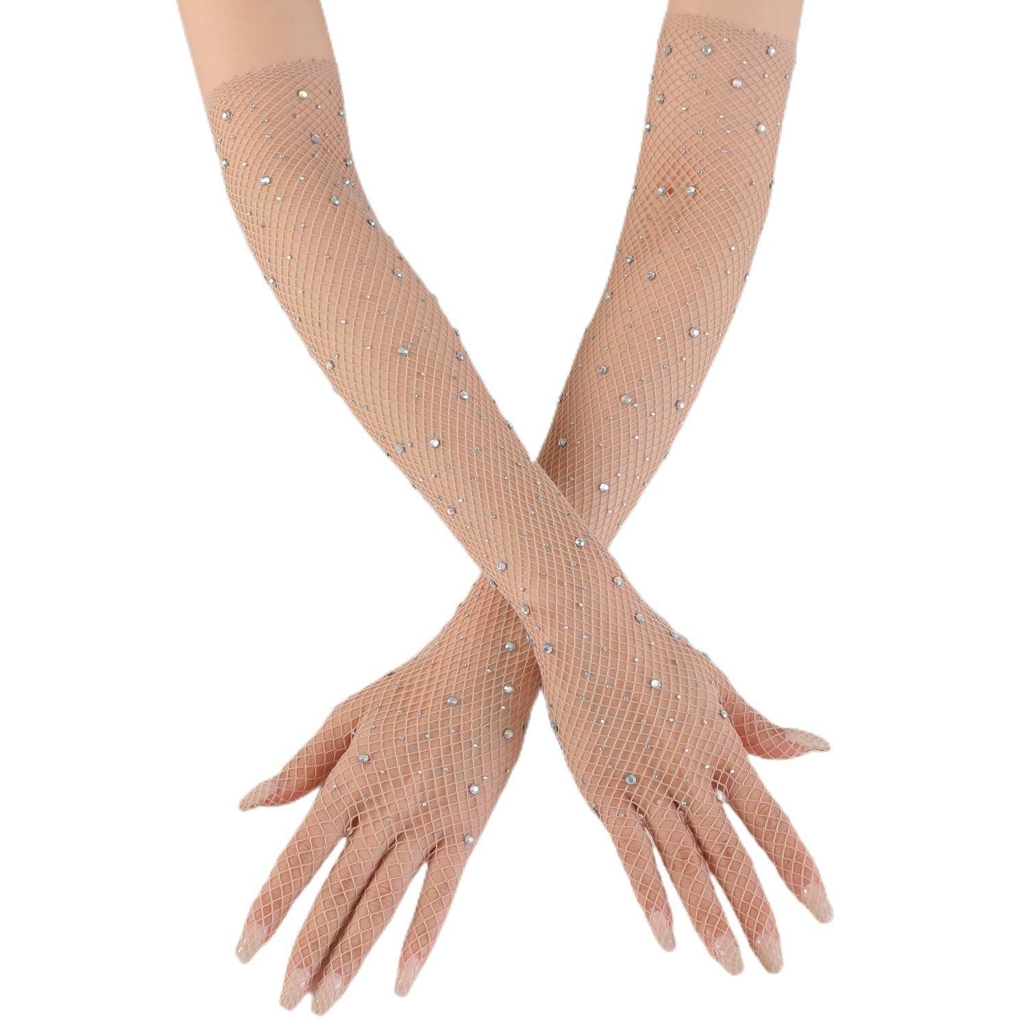 LuxusKollektion Abendhandschuhe Netzhandschuhe Lang Glitzer Strass Beige (1-St)