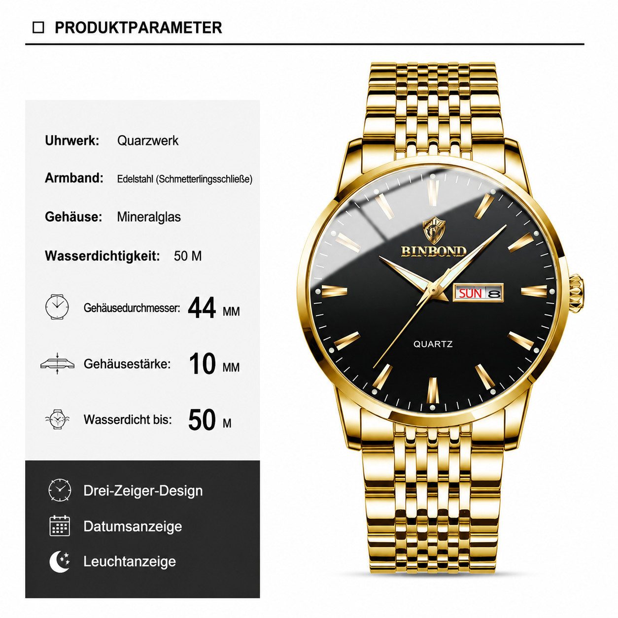 Toomoke Quarzuhr Edelstahl Armbanduhr, Herrenuhr, Automatikuhr mit 5ATM, (mit Bandkürzer und Uhrenbox), Geschenk für Männer), mit Datumsanzeige,Business-Uhr, Metall,Datum Analog