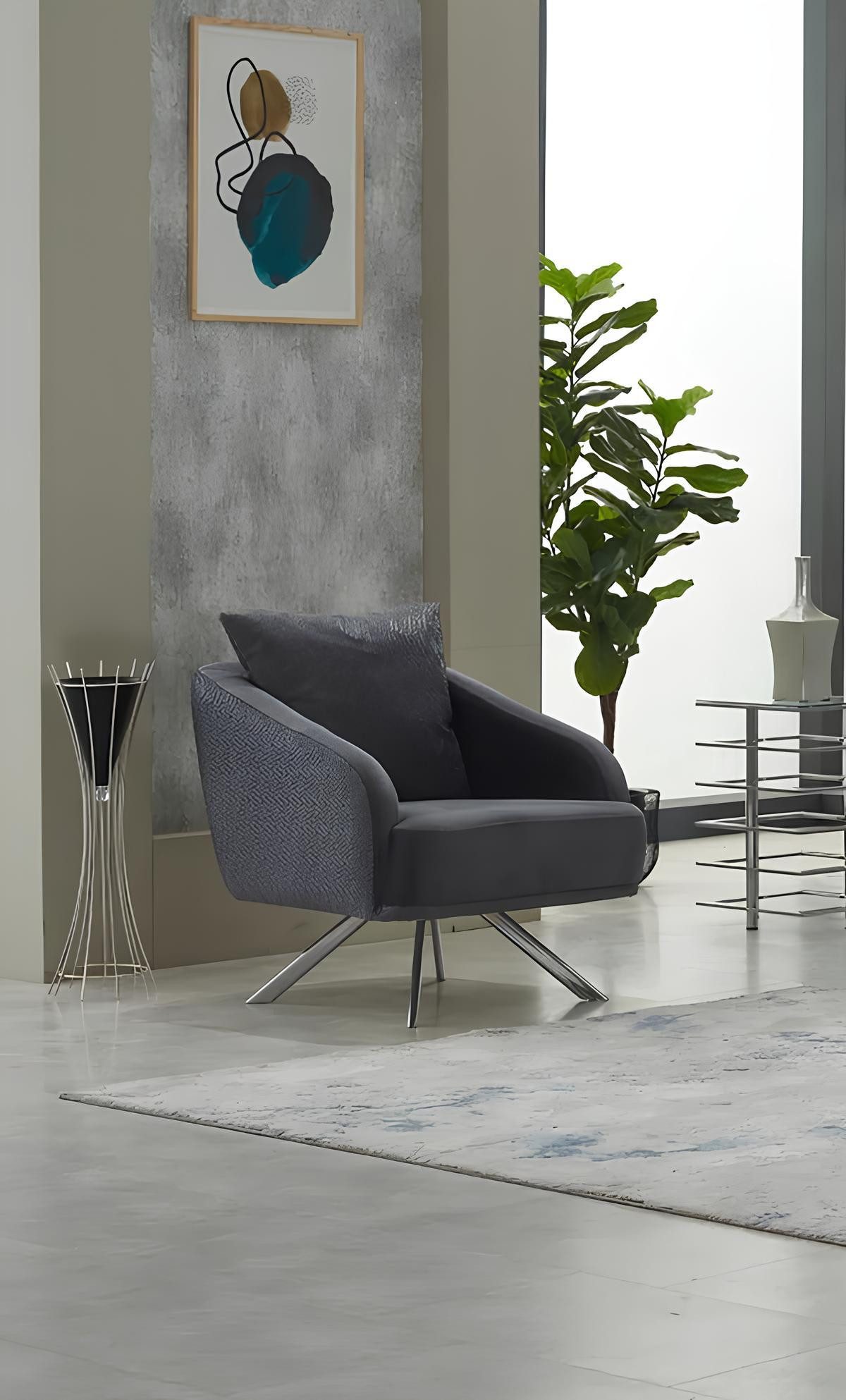 Sessel Polstersessel Wohnzimmer Einsitzer Sessel Stoff Grau Sitzer Moderne