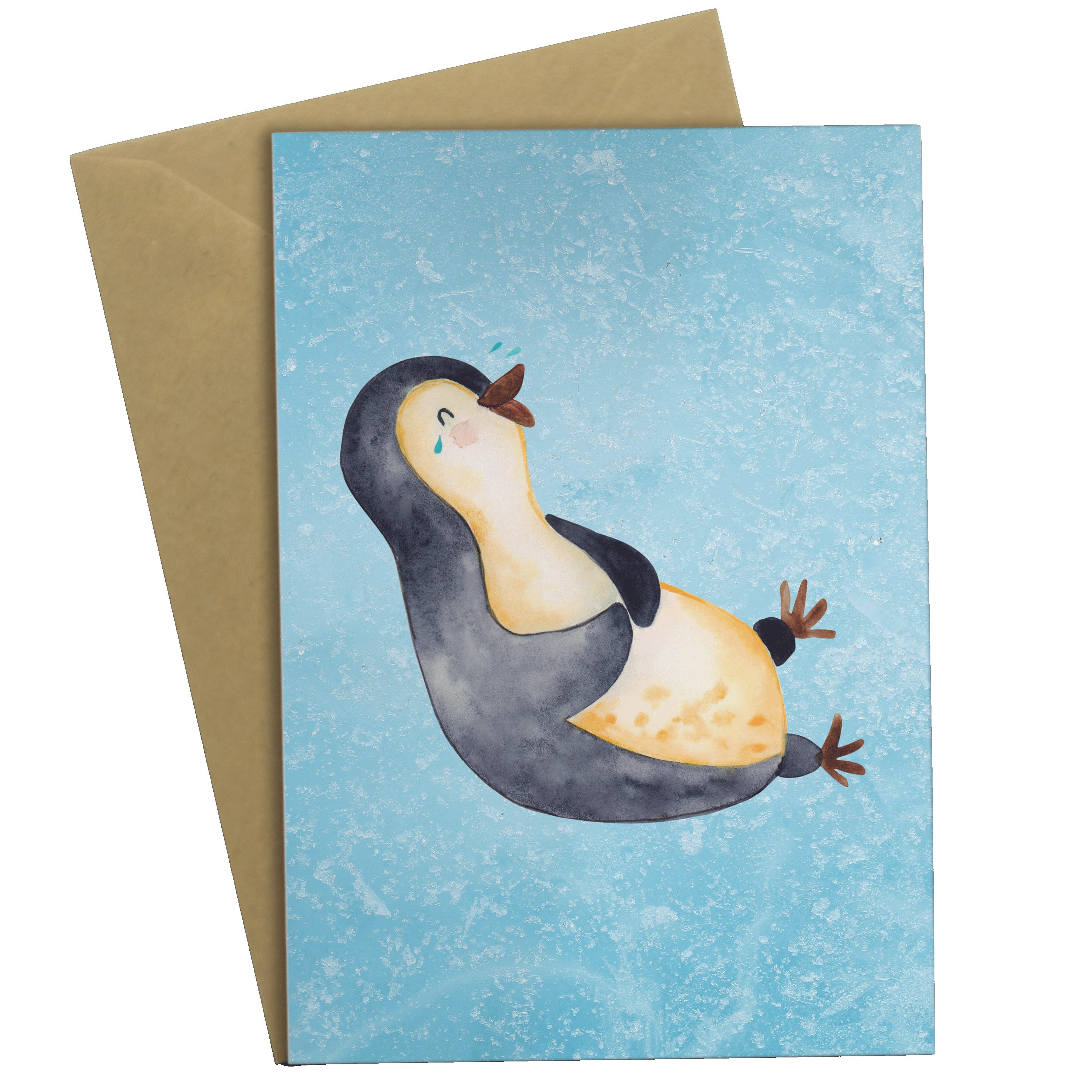 Mr. & Mrs. Panda Grußkarte Pinguin lachend - Eisblau - Geschenk, Klappkarte, Geburtstagskarte, K