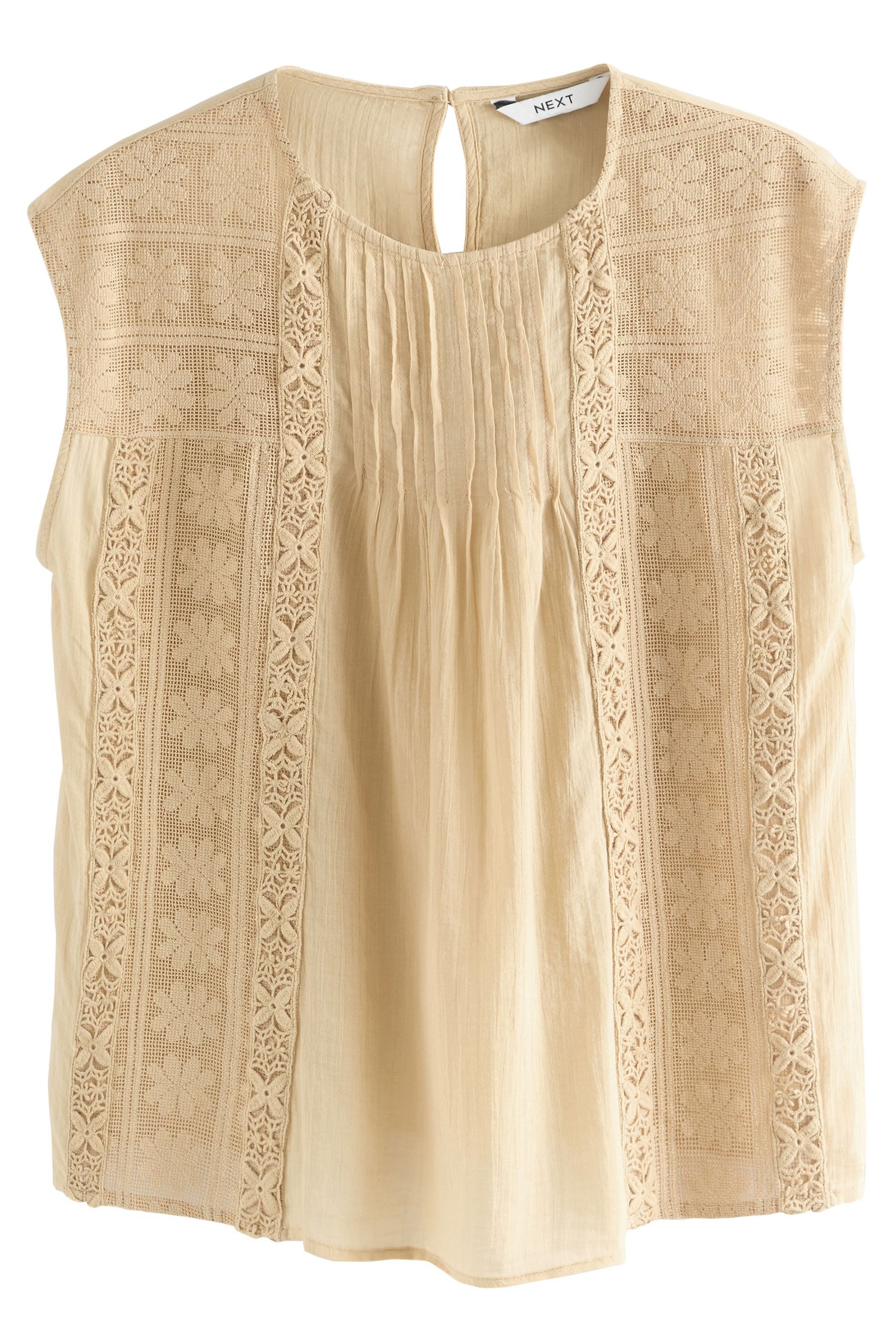 Blusentop Ärmellose Bluse mit Biesen, Mesh und Stickerei