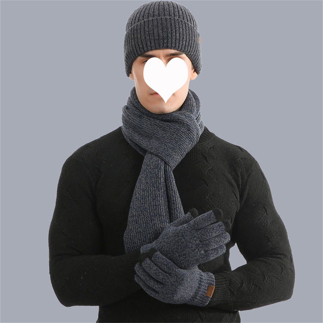 DÖRÖY Handschuhe verdickter aus Wolle,Warmer Strickmütze Wintermütze Mützenschal 3er Set blau