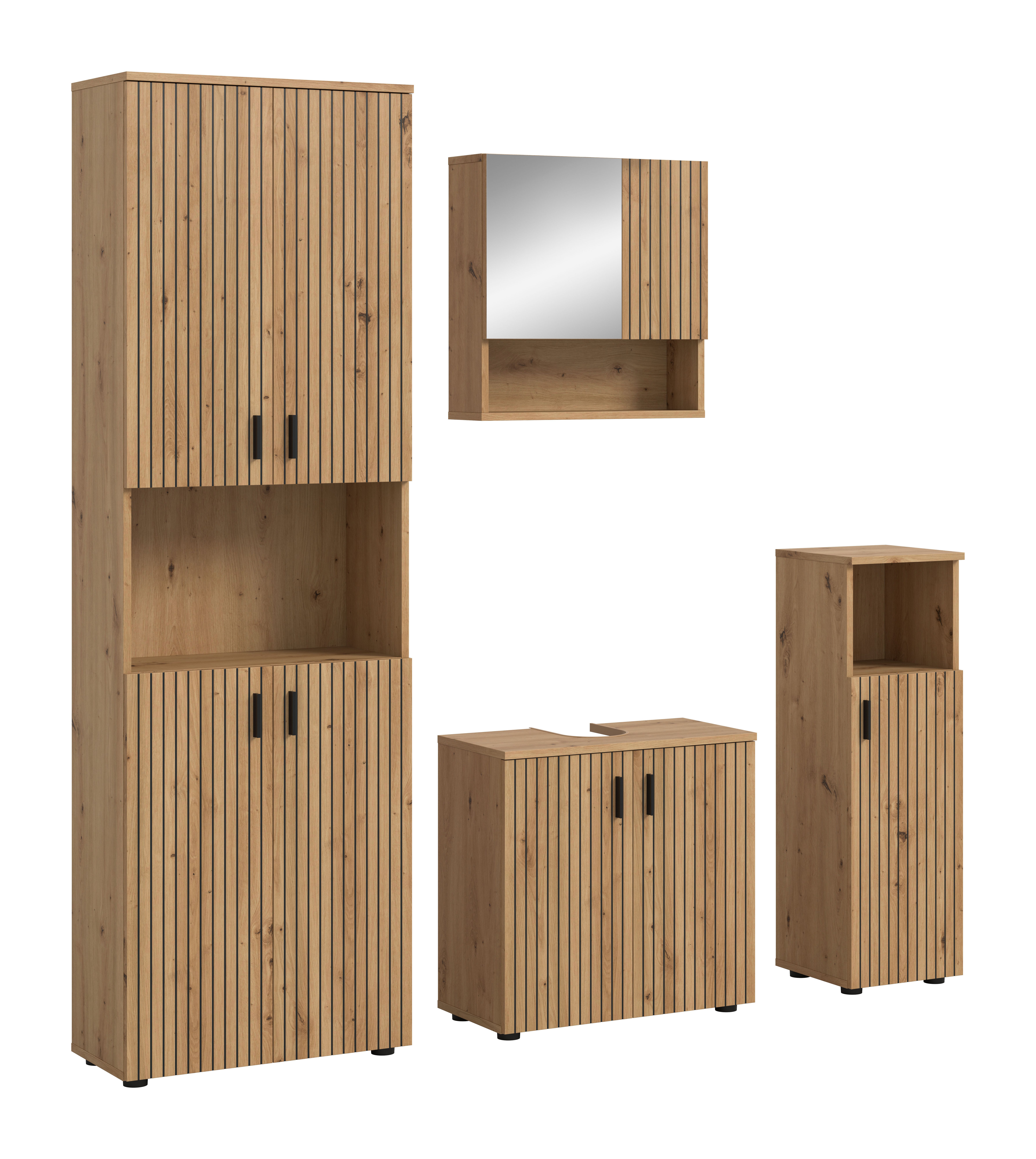 welltime MANI, 4-tlg. Badkombination, Paneeloptik, (Set, 4-St., Set, best. aus: 1 Hochschrank, 1 Spiegelschrank, 1 WBU, 1 Badschrank), Bad-Kombination, Bad-Möbel, Badezimmer, Kombination, Kombi