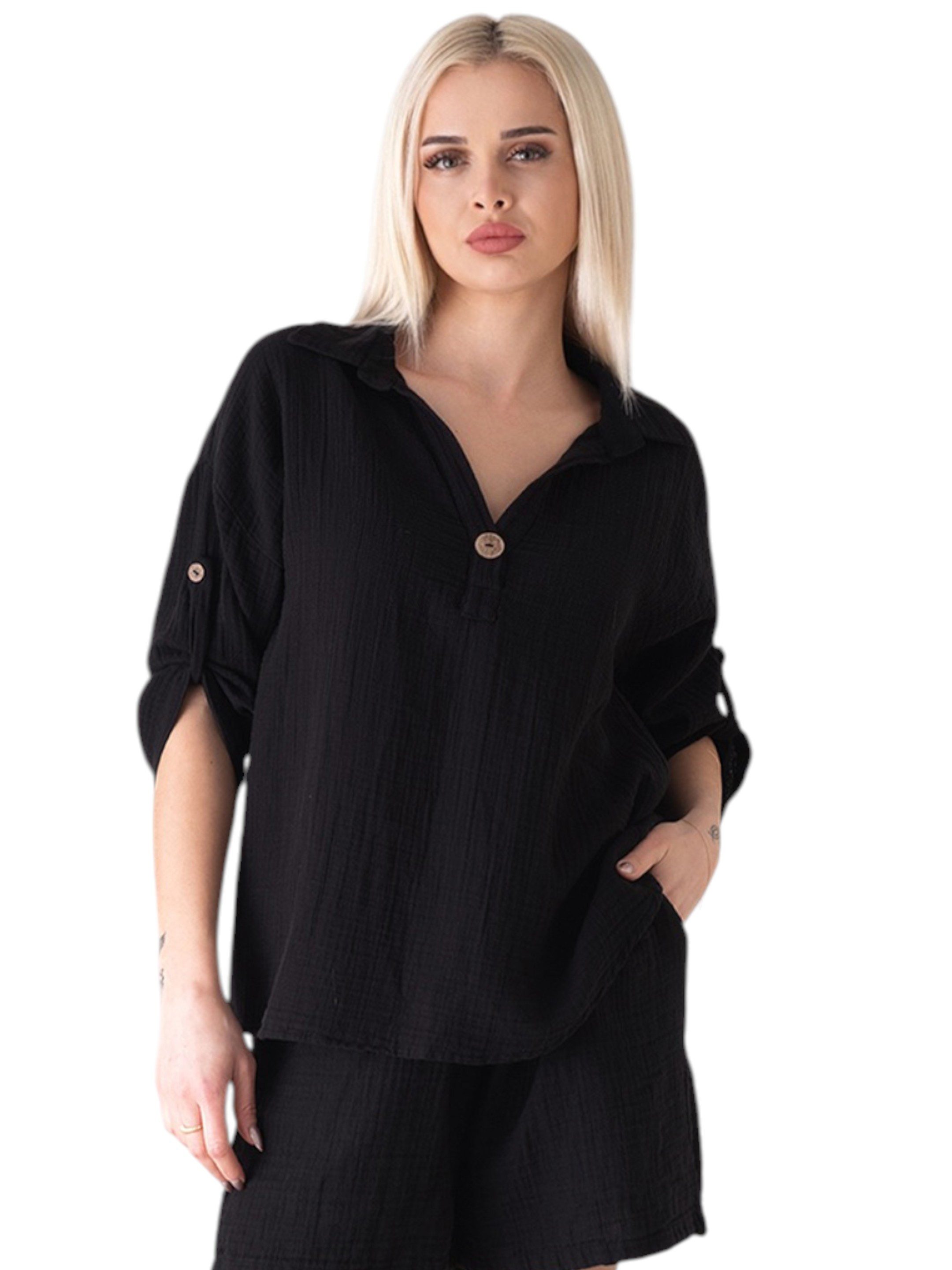 WENOR Schlupfbluse Damen Musselin 100% Baumwolle – Oversize Sommerbluse One Size mit Kokosknopf, Krempelärmel & Seitentaschen – Naturmaterial