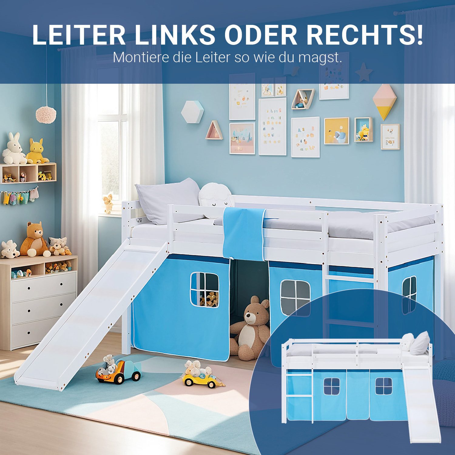 Homestyle4u Hochbett mit Rutsche 90x200 Kinderbett Jungen Kiefer Weiß Blau Treppe Vorhang (Komplett-Set mit Lattenrost, mit Rutsche, mit Matratze mit OEKO-TEX® Standard 100) mit Rausfallschutz, Junge Spielbett