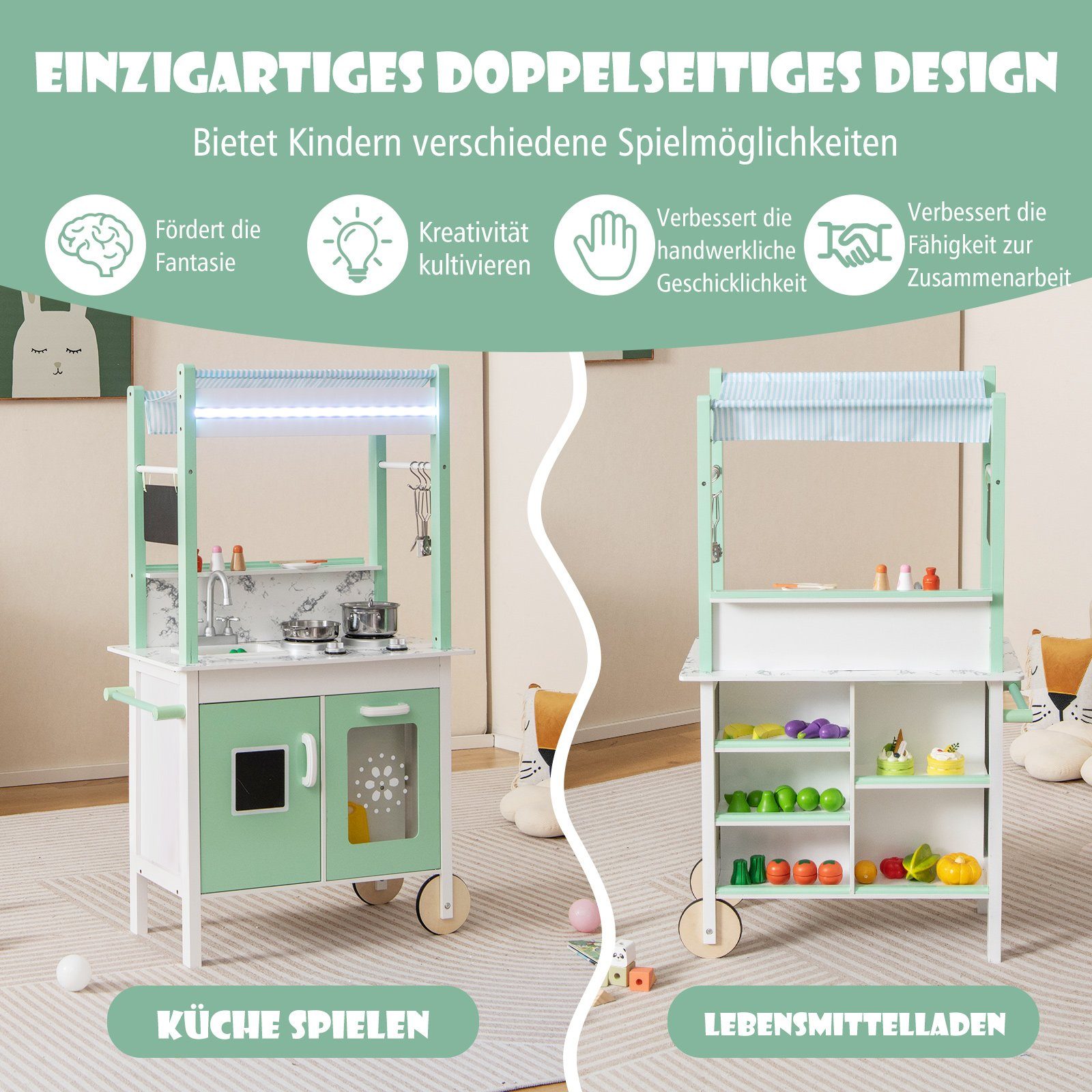 COSTWAY Spielküche Kinderküche doppelseitig, mit LED-Leuchten günstig online kaufen