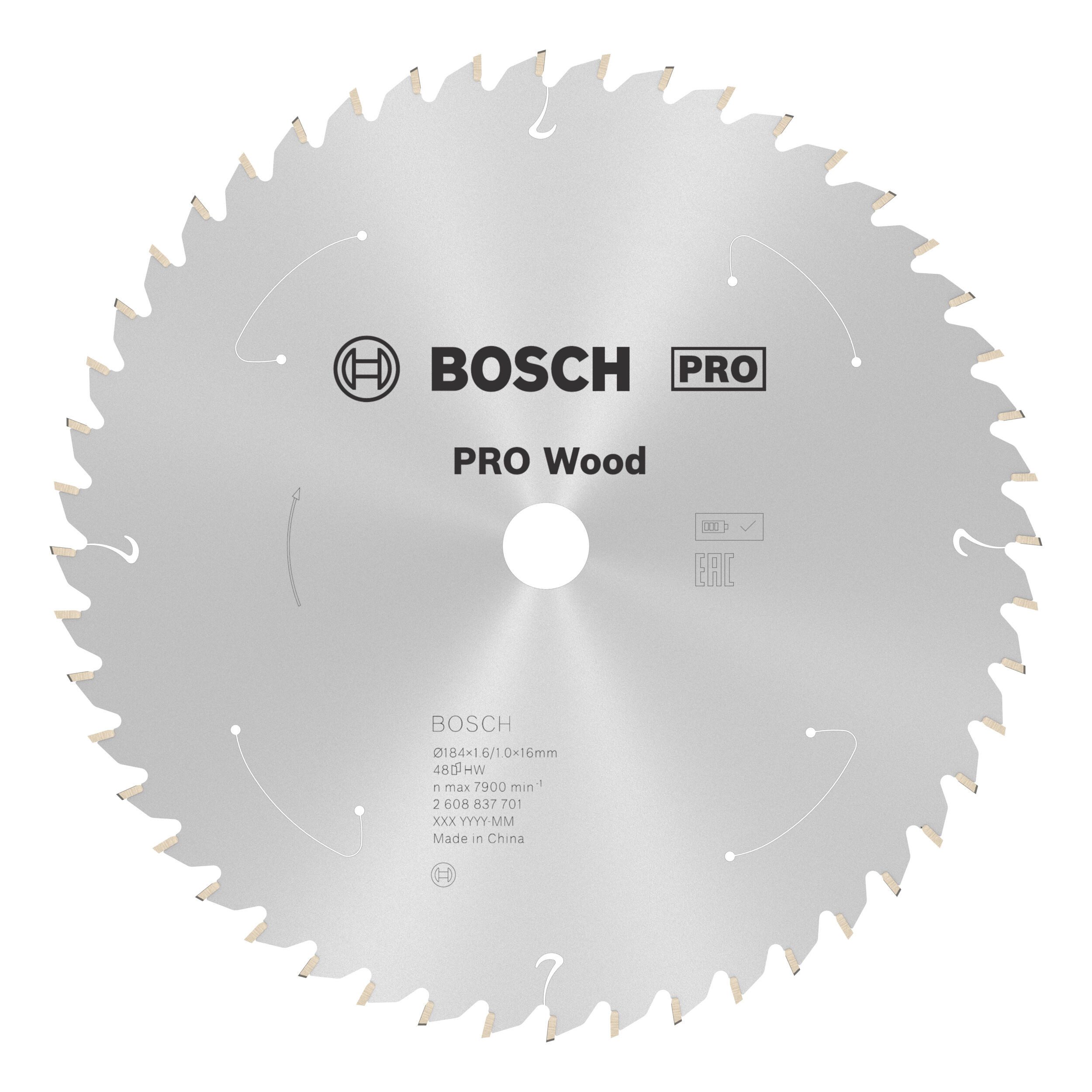 BOSCH Kreissägeblatt Pro Wood cordless, Wood cordless Kreissägeblatt, 184 x 1,6 x 16 mm, 48 Zähne, f. Akku