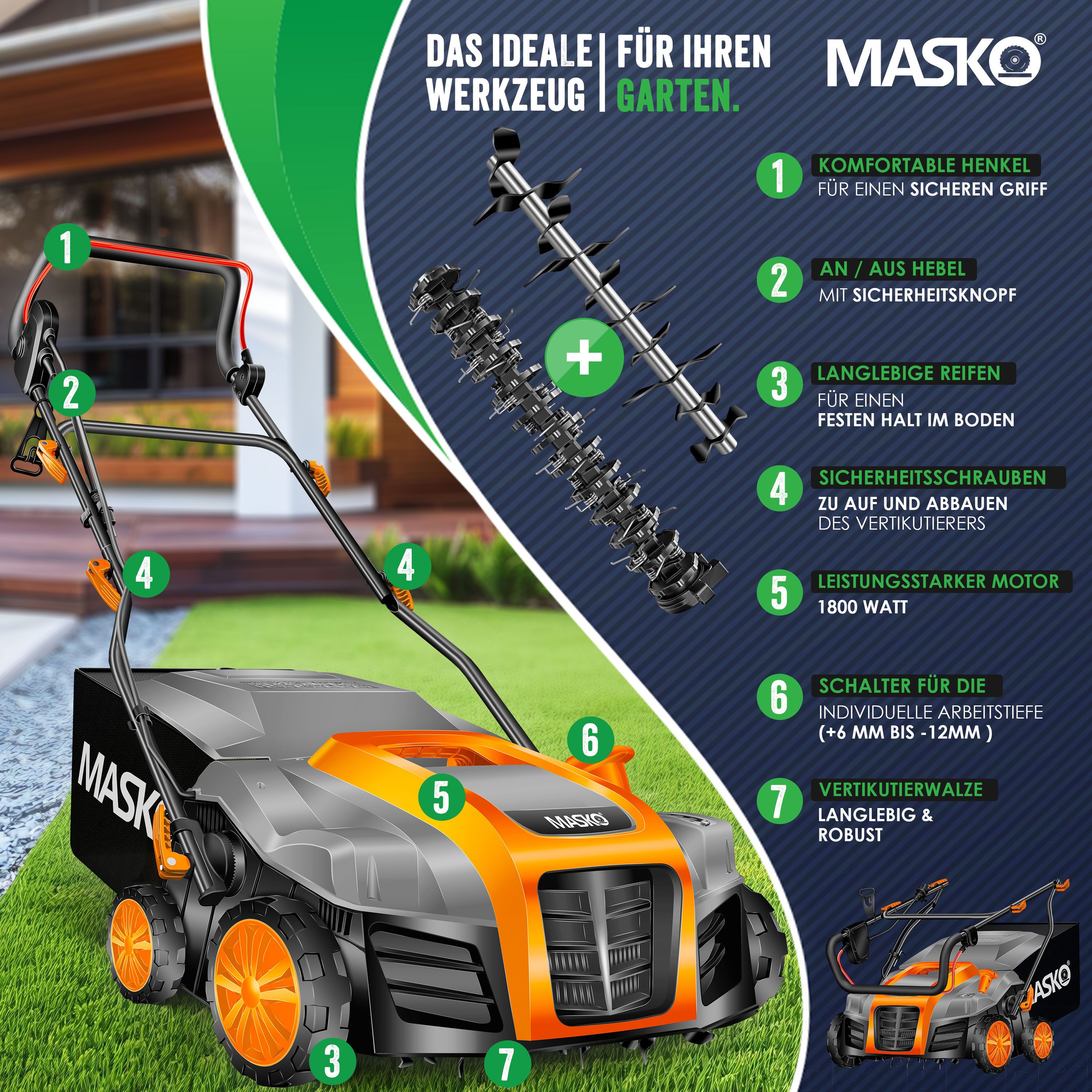 MASKO Elektro-Vertikutierer 2in1 Rasenlüfter 1800W, 5-stufige Arbeitstiefe, 40 cm Arbeitsbreite, Moosentferner mit 55L Fangkorb, 20 Stahlmesser höhenverstellbarer Holm