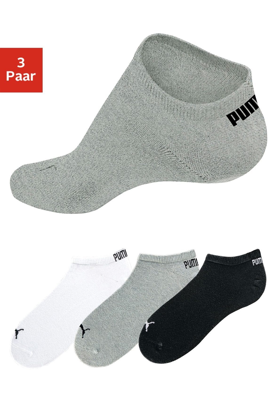 PUMA Sneakersocken (3-Paar) in klassischer Form 1x weiß, 1x grau-meliert, 1x schwarz | Sport-Kurzsocken