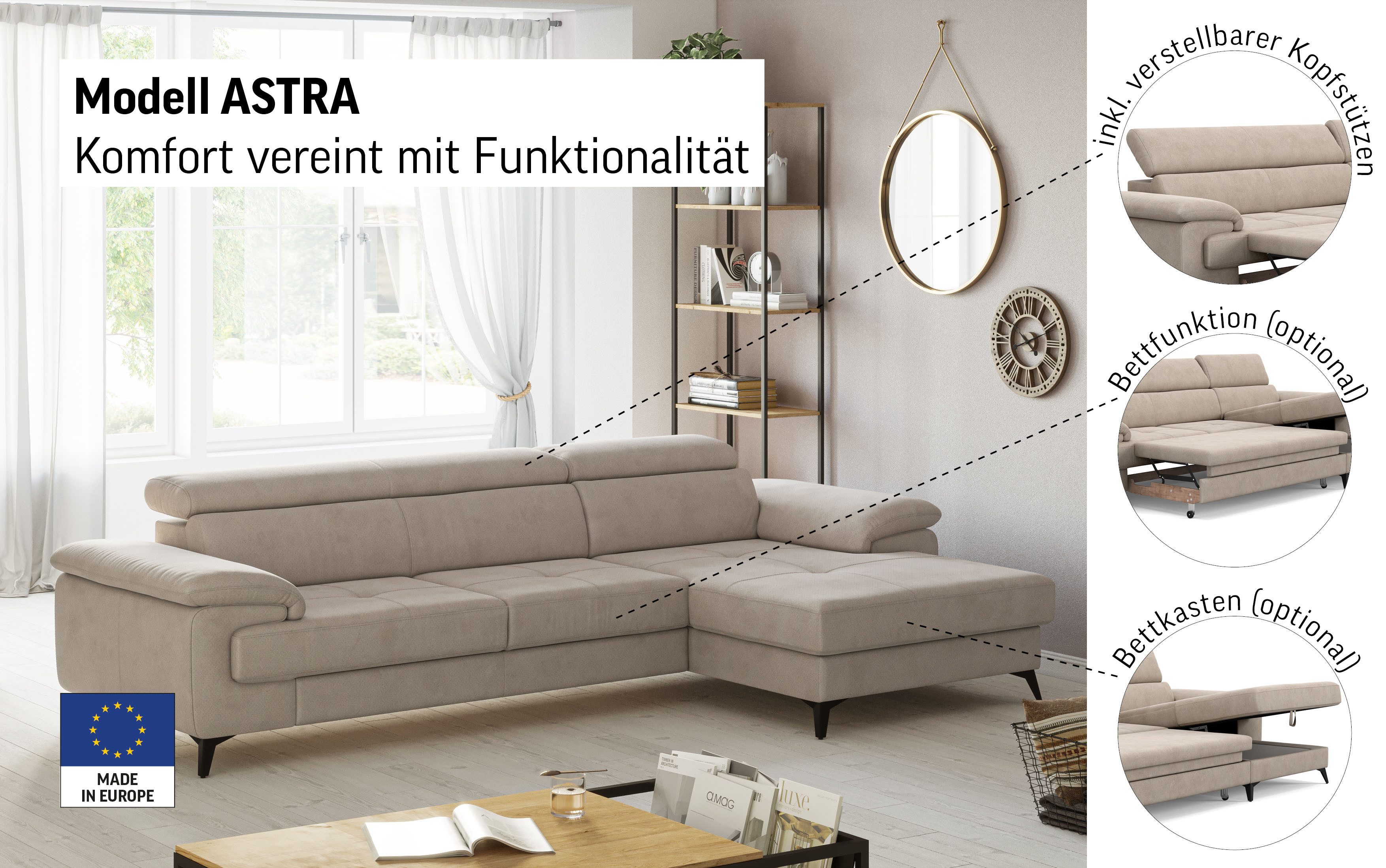 OTTO home Ecksofa Astra L-Form, B: 300 cm, mit Kopfteilverstellung, optional Schlaffunktion & Bettkasten