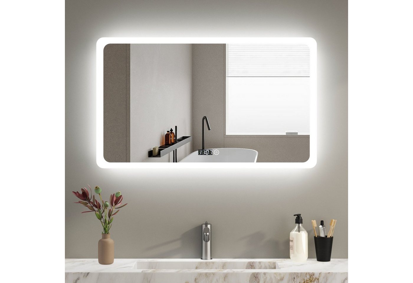 Thumbnail - WDWRITTI Badspiegel Led Touch mit beleuchtung und Uhr 100x60cm Spiegel groß 3Lichtfarben (Helligkeit dimmbar, Speicherfu...
