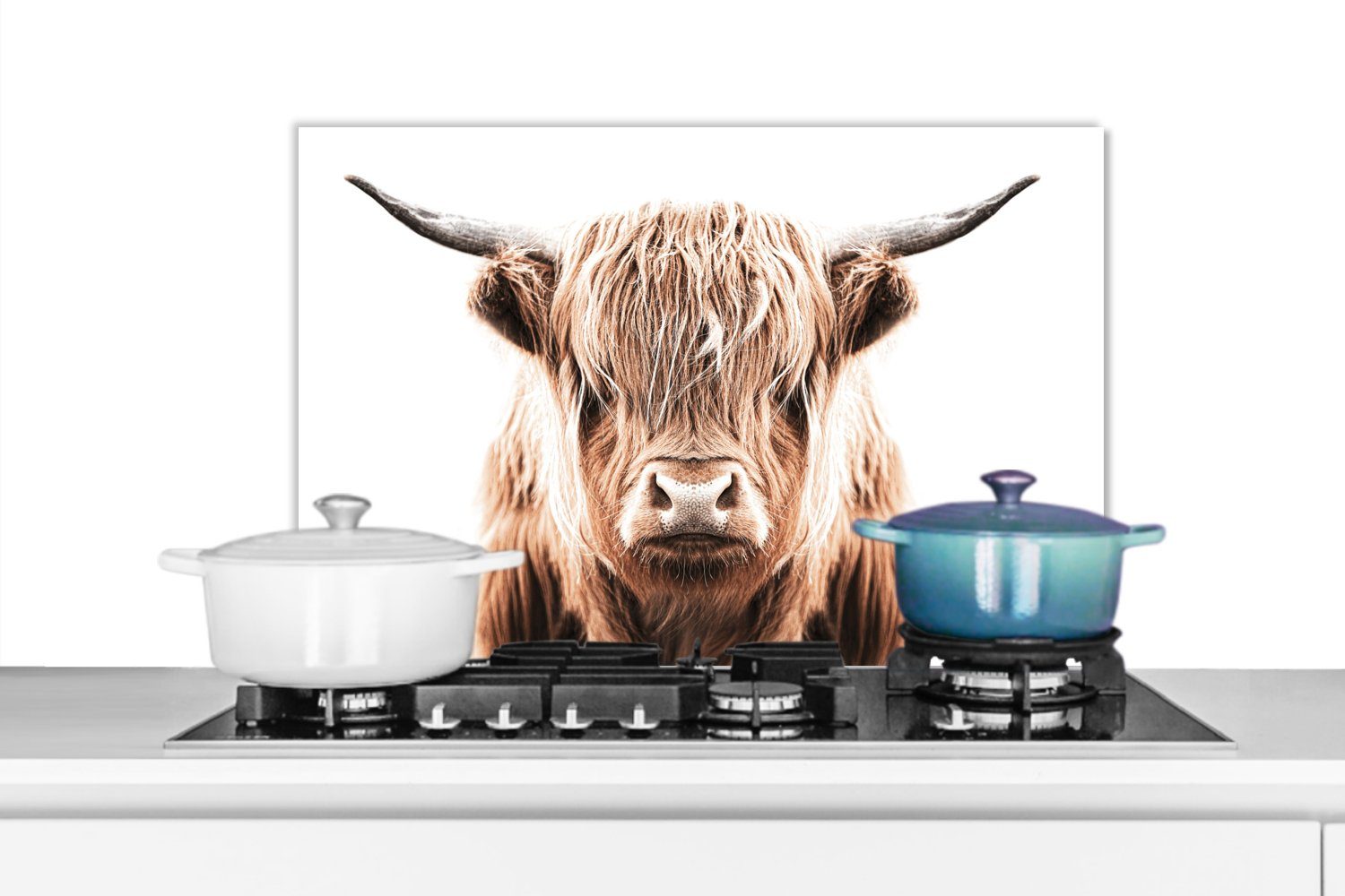 MuchoWow Küchenrückwand Schottischer Highlander - Kuh - Stier, (1-tlg), 60x40 cm, Herdblende aus Wandschutz, Temperaturbeständig küchen
