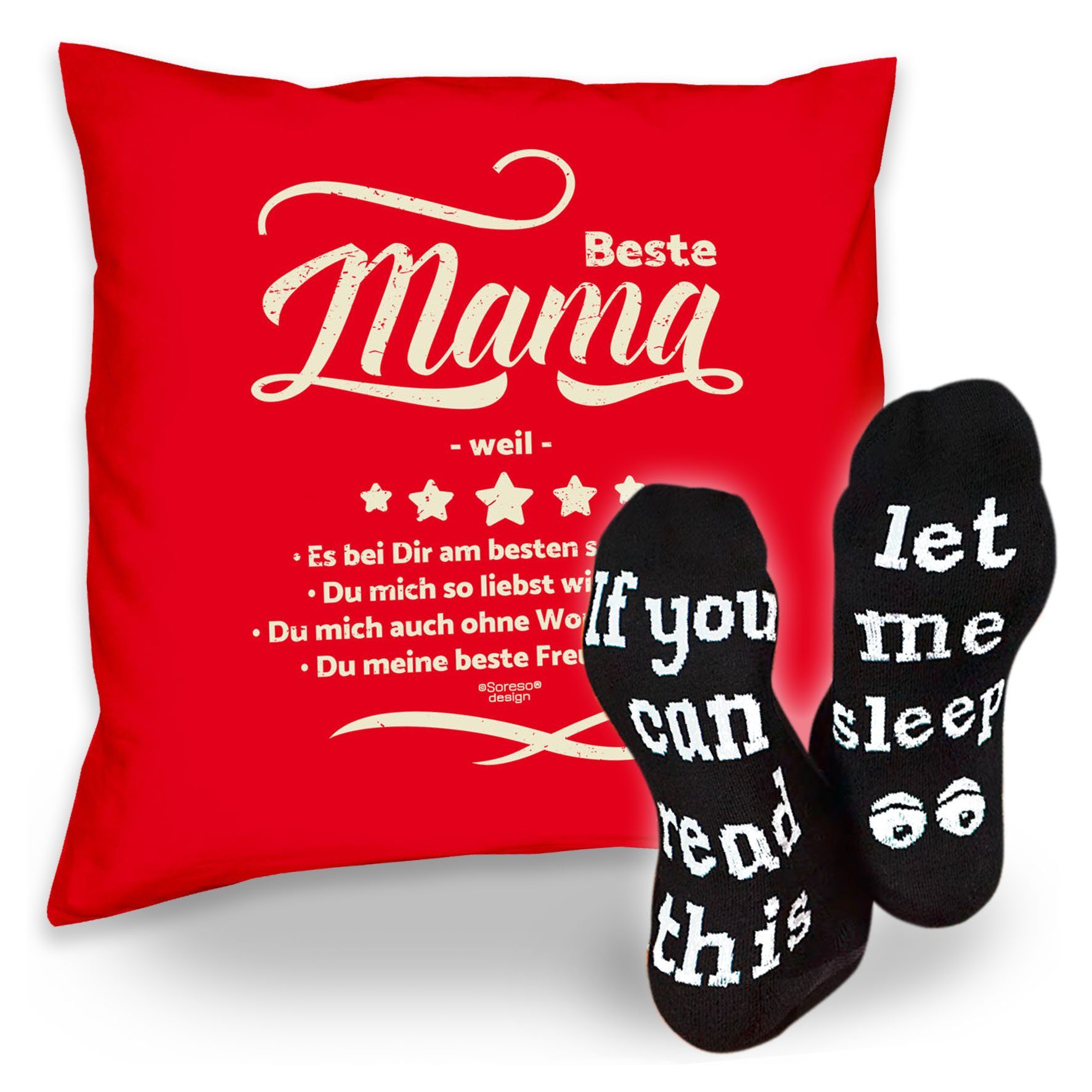 Soreso® Dekokissen Kissen weil Socken Beste rot Geschenk & Sprüche Mama Sleep, Geburtstagsgeschenk