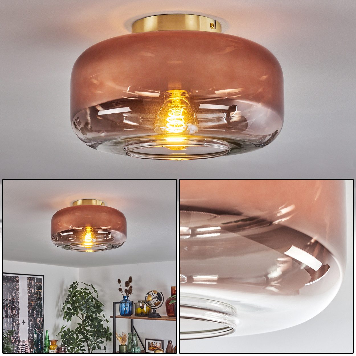 hofstein Deckenleuchte runde Deckenlampe aus Metall/Glas in Messingfarben/Kupferfarben/Klar, ohne Leuchtmittel, Retro/Vintage, mit Schirm aus Glas (28cm), 1x E27, ohne Leuchtmittel