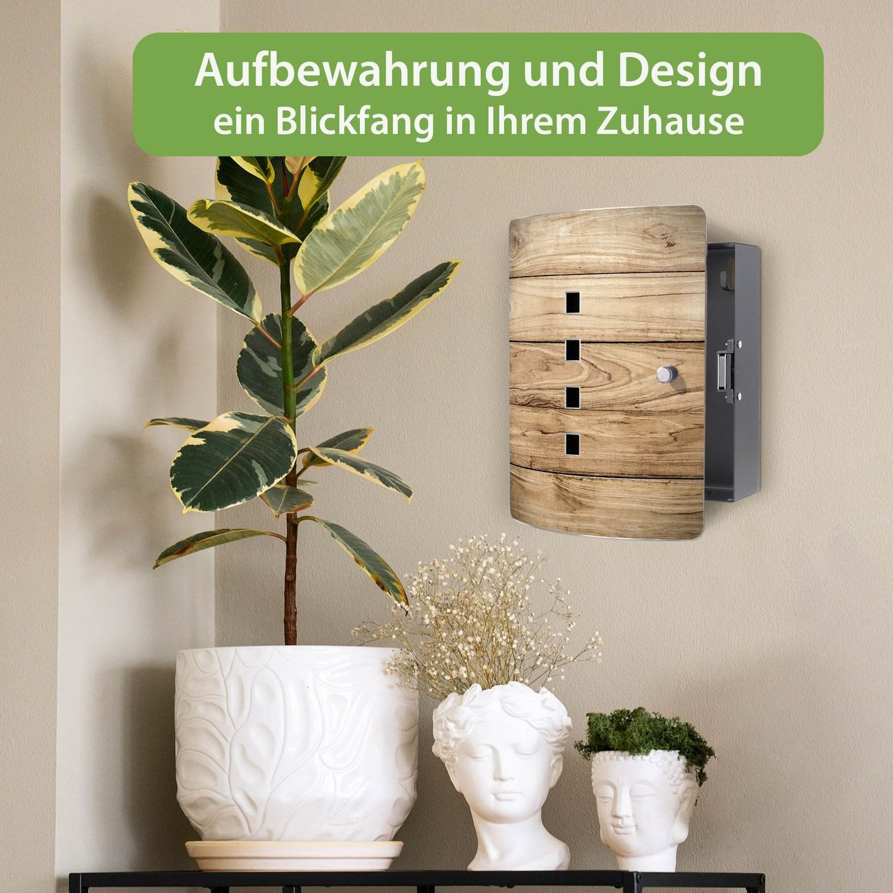 banjado Schlüsselkasten Edelstahl mit Motiv Holzplanken (verstellbarer Magnetverschluss, mit 10 Haken, gebogene Tür, einstellbarer Magnet), 24 x 21,5 x 7 cm