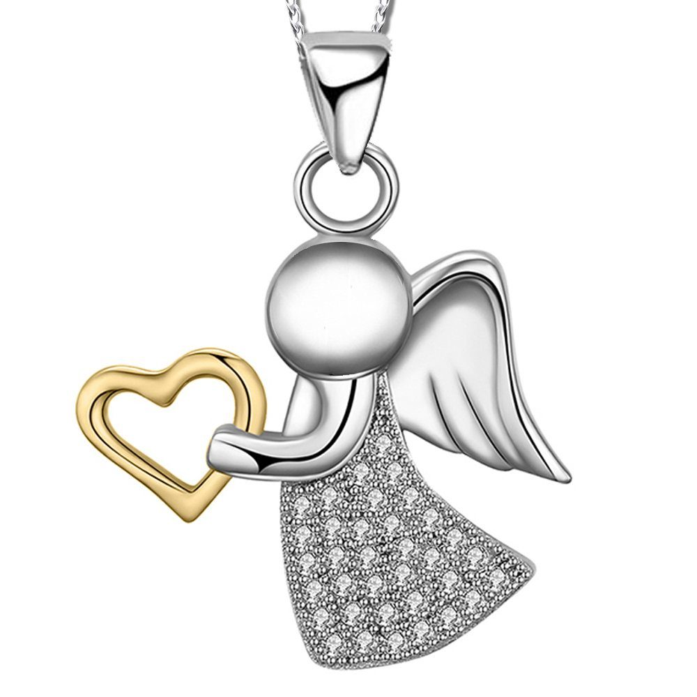 Limana Sterling farbig Schutzengel 2 925 Herz Anhänger Herzkette Liebe Halskette mit Engel Silber Engelkette, echt Kette