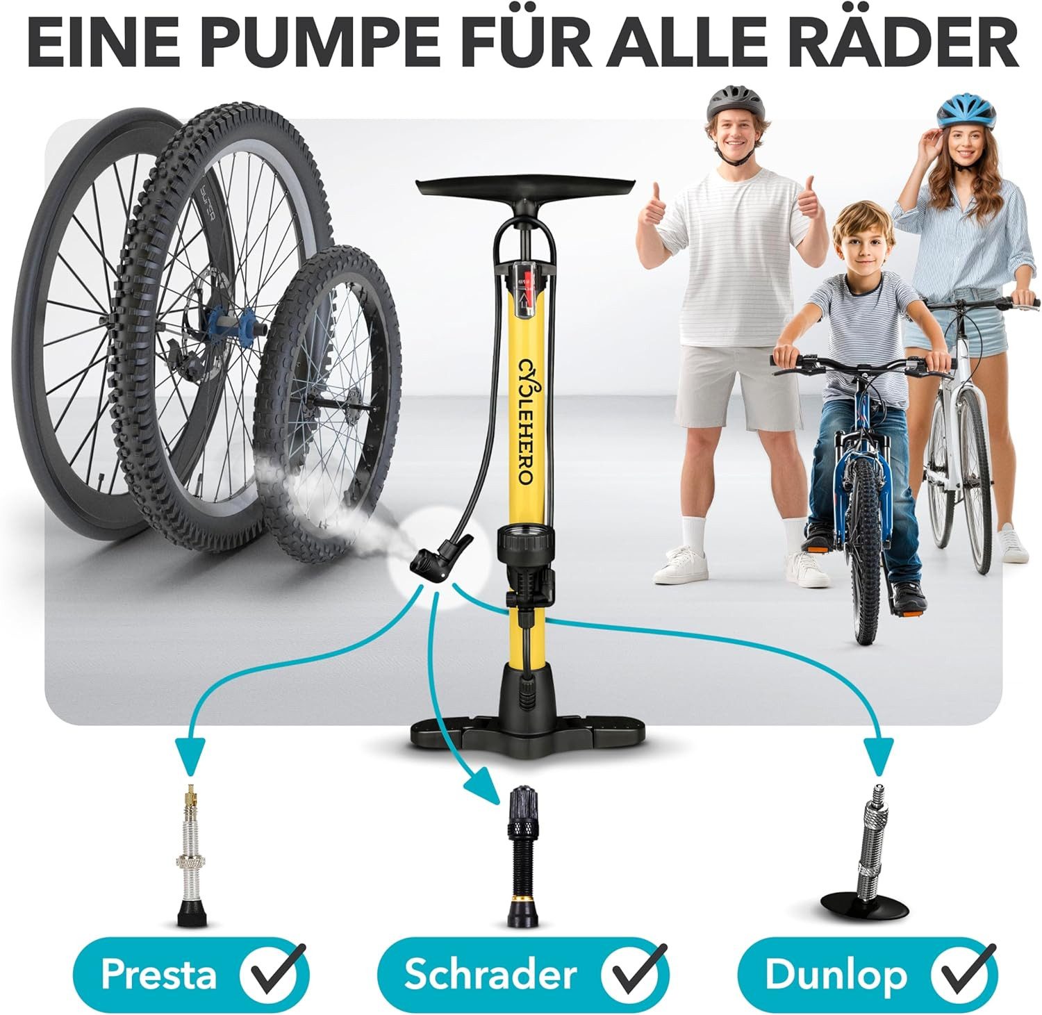 CYCLEHERO Standpumpe Hochdruck-Fahrradpumpe 160 PSI für alle Ventile mit Manometer, Gelb Kl, Stahlzylinder, 25-cm-Standfuß, 65-cm-Schlauch, 10 Jahre Herstellergar…