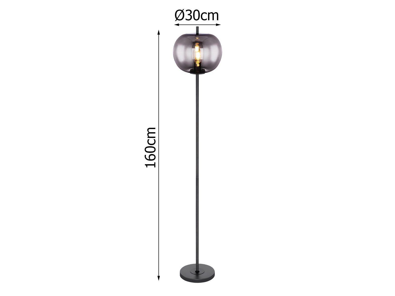 GLOBO LIGHTING LED Stehlampe, Leuchtmittel stufenweise über Fußschalter dimmbar, LED wechselbar, warmweiß, dimmbar Lampenschirm Rauch-glas Designer Glas-kugel Schwarz Höhe 160cm