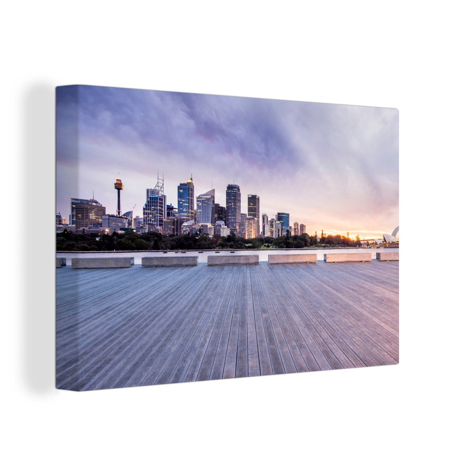 OneMillionCanvasses® Leinwandbild Die Skyline von Sydney in schönen Lila-Tönen, (1 St), Wandbild Leinwandbilder, Aufhängefertig, Wanddeko, 30x20 cm