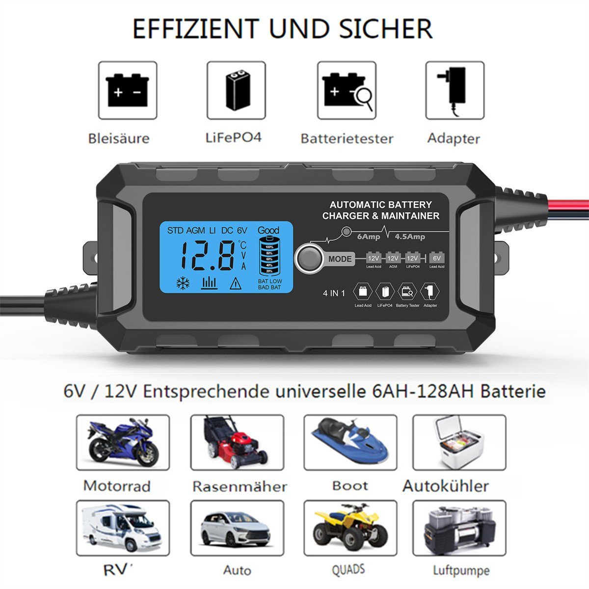 AUDEW Batterie-Ladegerät (für Auto&Motorrad 6/12V, 6,5A, LCD-Display, IP65)